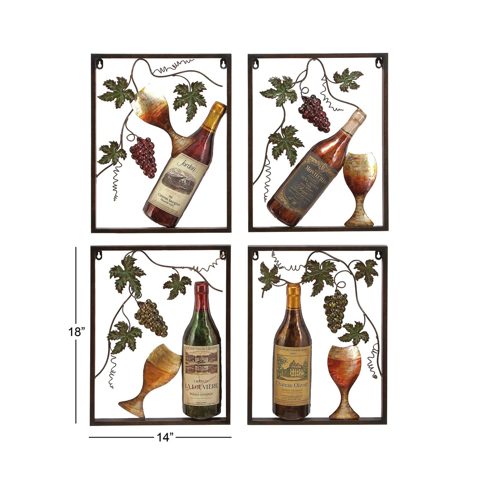 Set of 4 Multi Colored Metal Traditional Wine Wall Decor, 18" x 14"