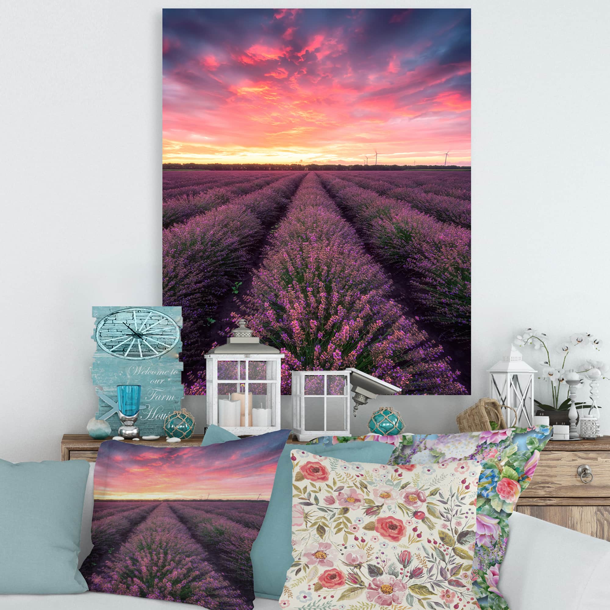 Designart - Sunrise & Dramatic Clouds Over Lavender Field XIV - Farmhouse Canvas Wall Art Print