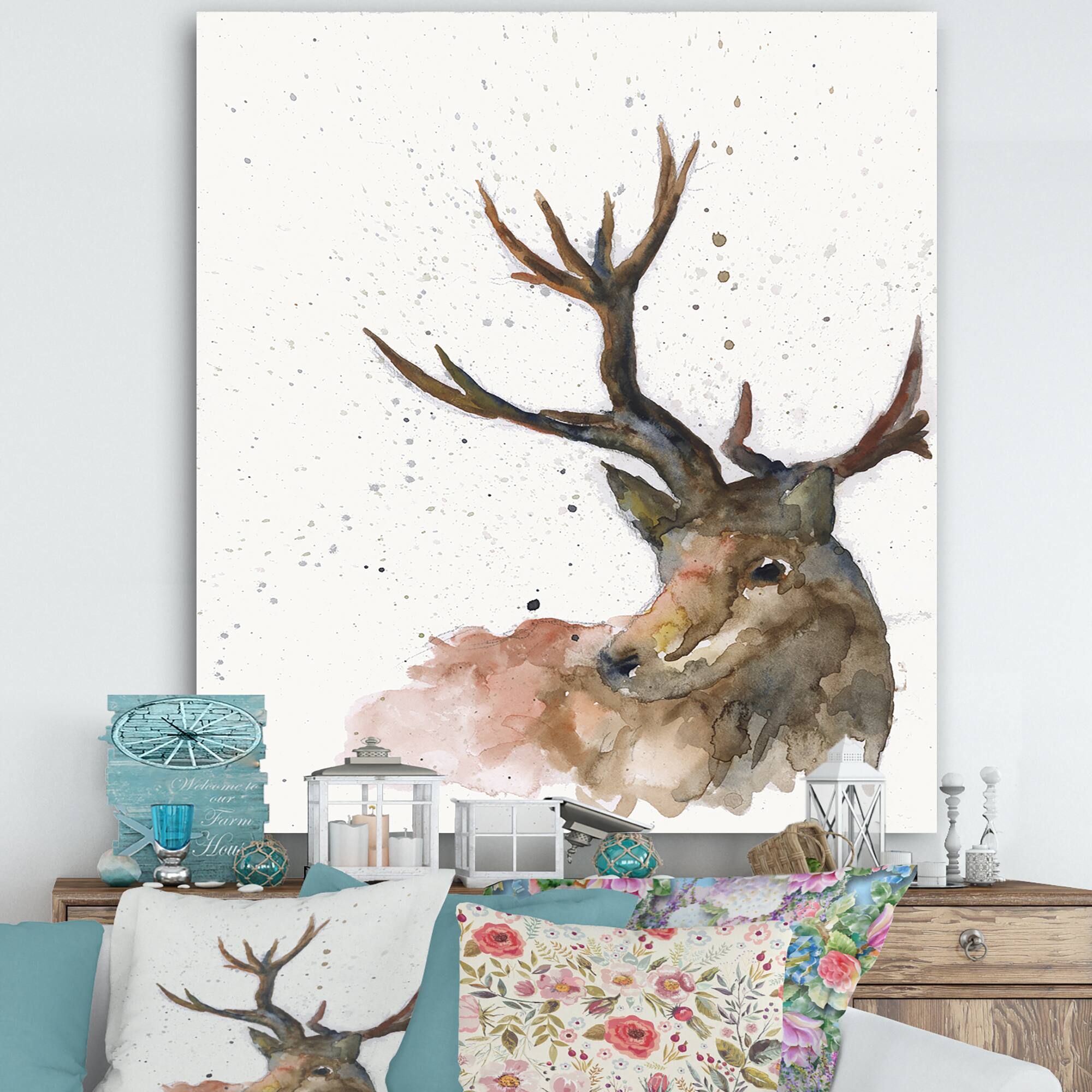 Designart - Handpainted Deer on White