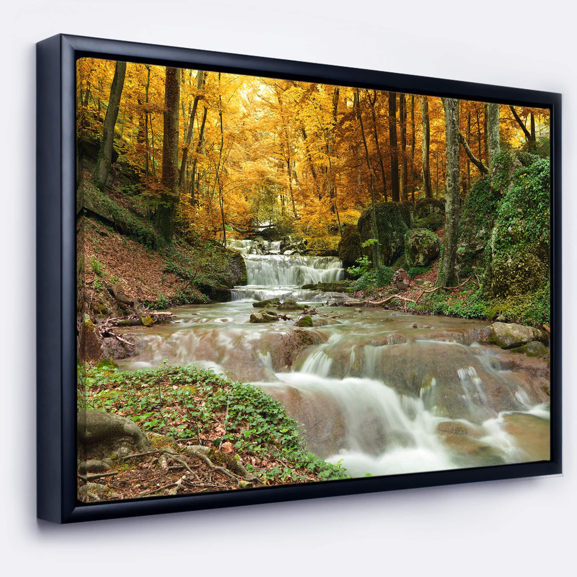 Designart - Forest Waterfall with Yellow Trees - Large Landscape Framed Canvas Art Print