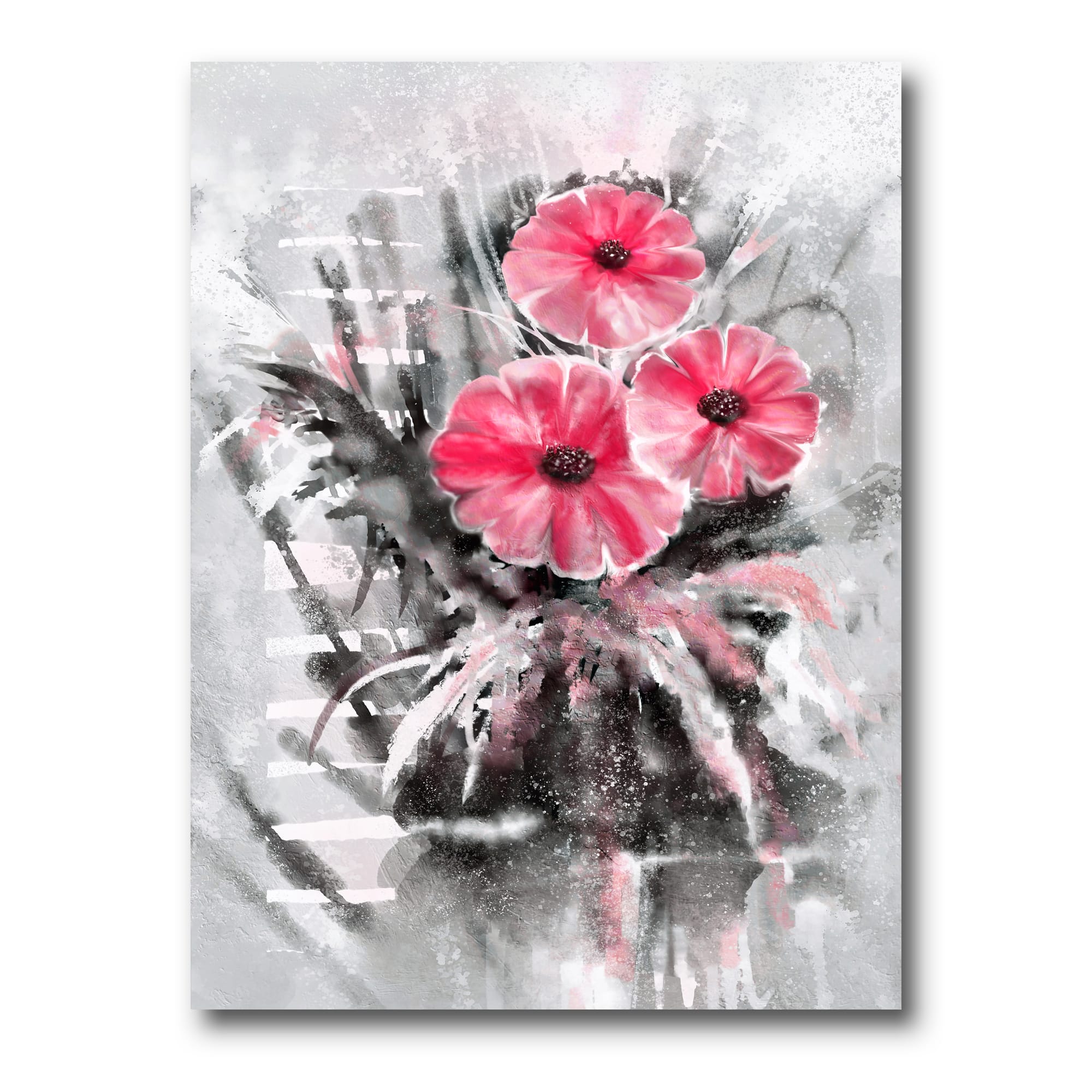 Designart - Abstract Red Flowers On Gray - Traditional Canvas Wall Art Print