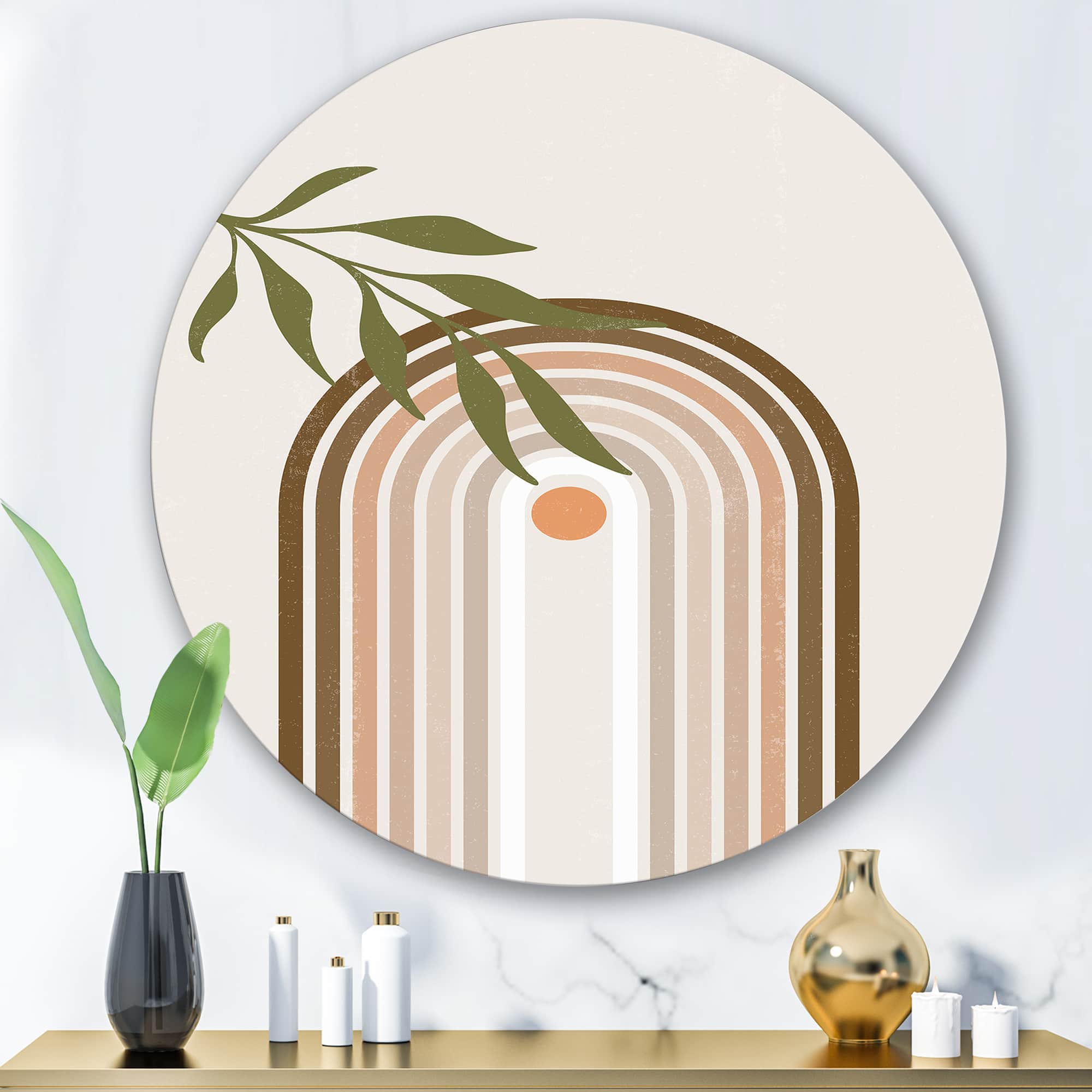 Designart - Abstract Sun and Moon With Green Leaf I - Modern Metal Circle Wall Art