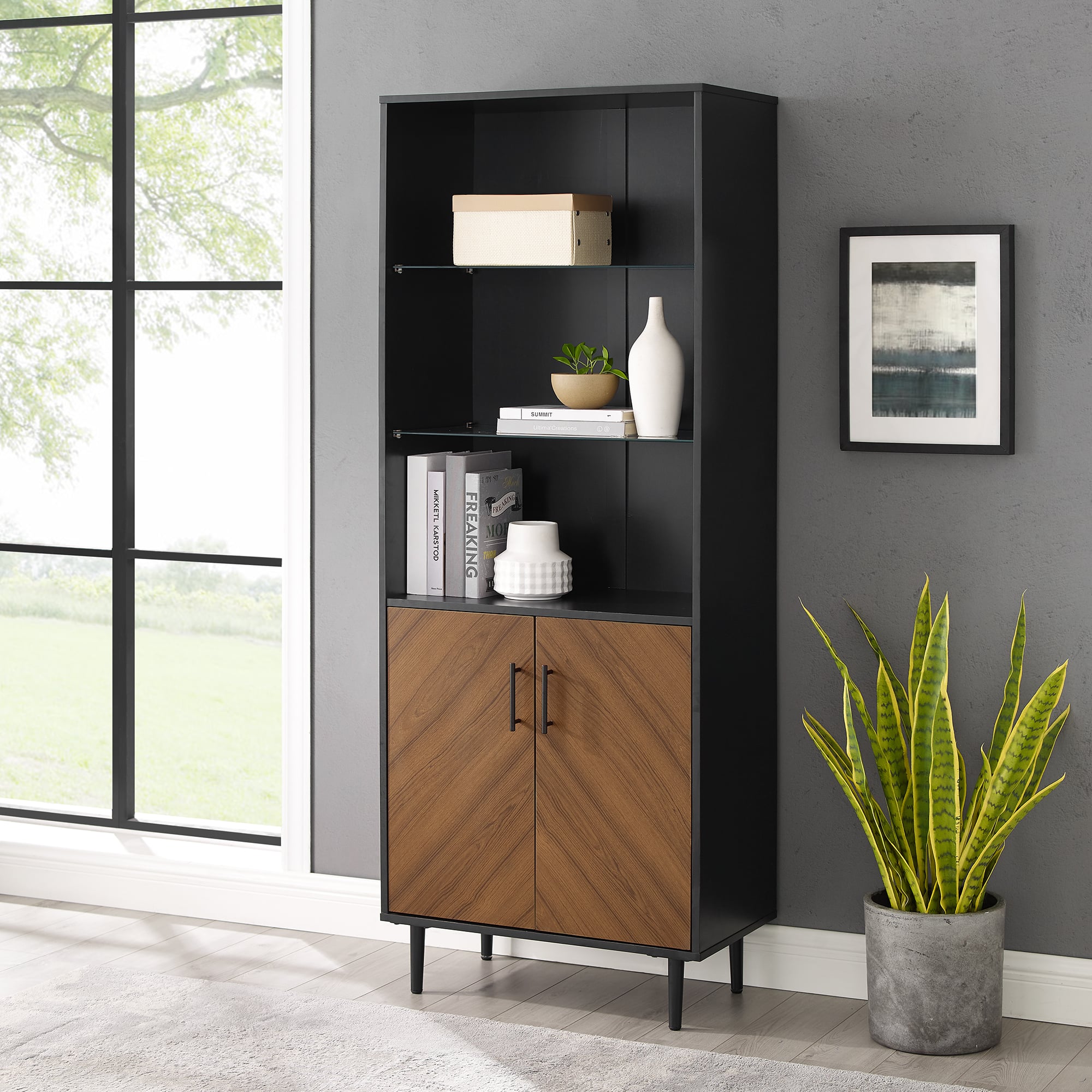 Walker Edison 68" Solid Black Hutch with Bookmatch Doors
