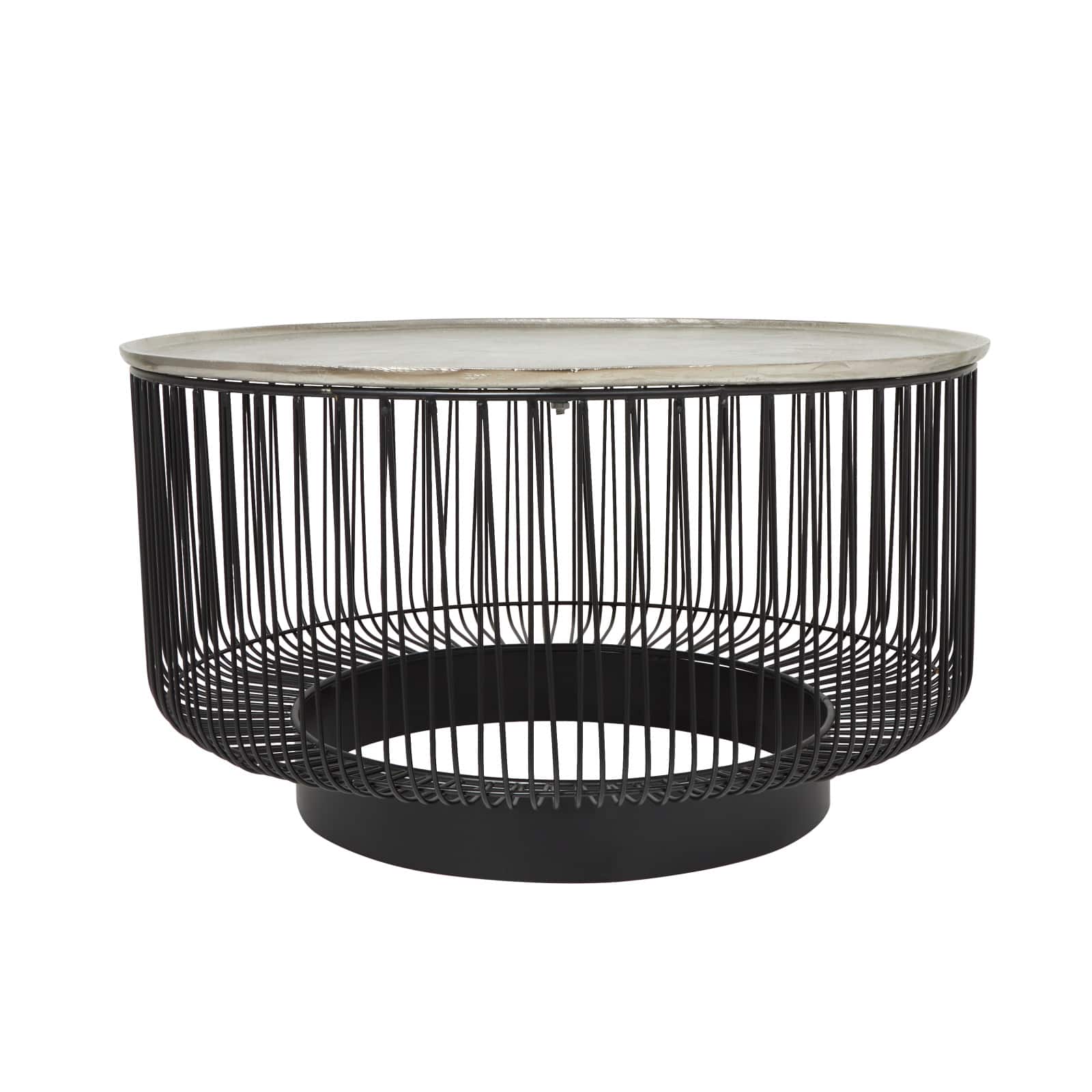 30" Black Metal Open Frame Wire Geometric Coffee Table with Silver Aluminum Top