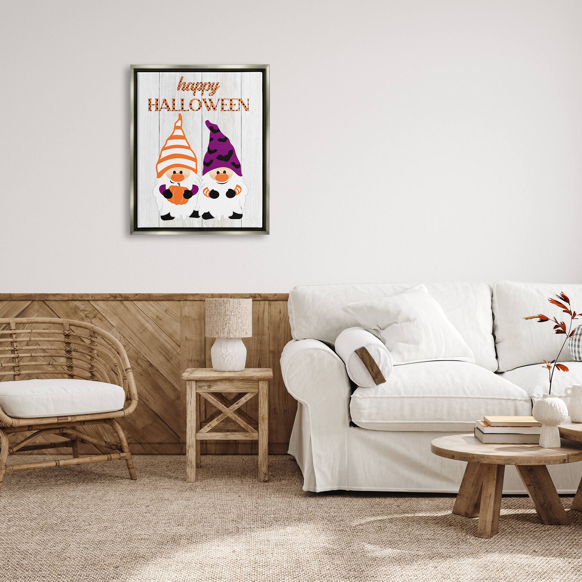 Stupell Industries Happy Halloween Seasonal Gnomes Framed Floater Canvas Wall Art