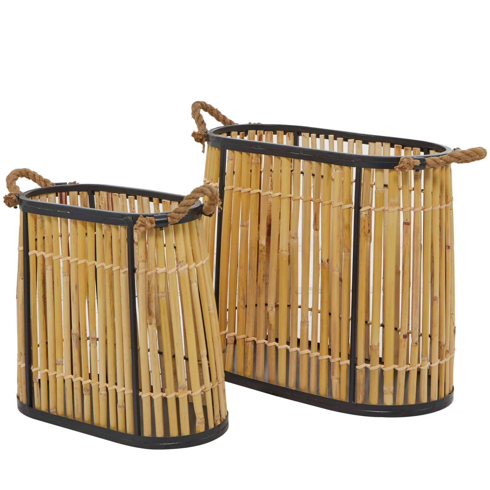 Brown Wicker Handmade Slatted Frame Storage Basket with Handles Set of 2 19", 14"