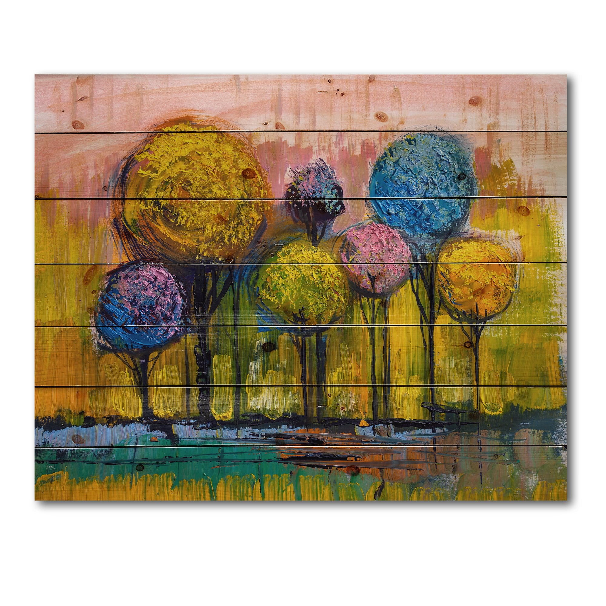 Designart - Colourful Trees Impressionist Landscape IV - Modern Print on Natural Pine Wood