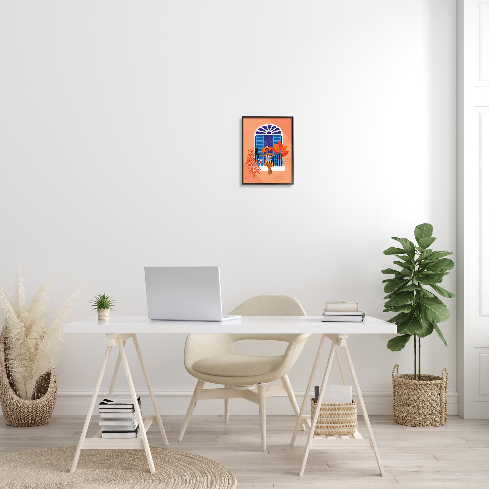 Stupell Industries Woman Reading Balcony Perched Cat Tropical Plants in Frame Wall Art