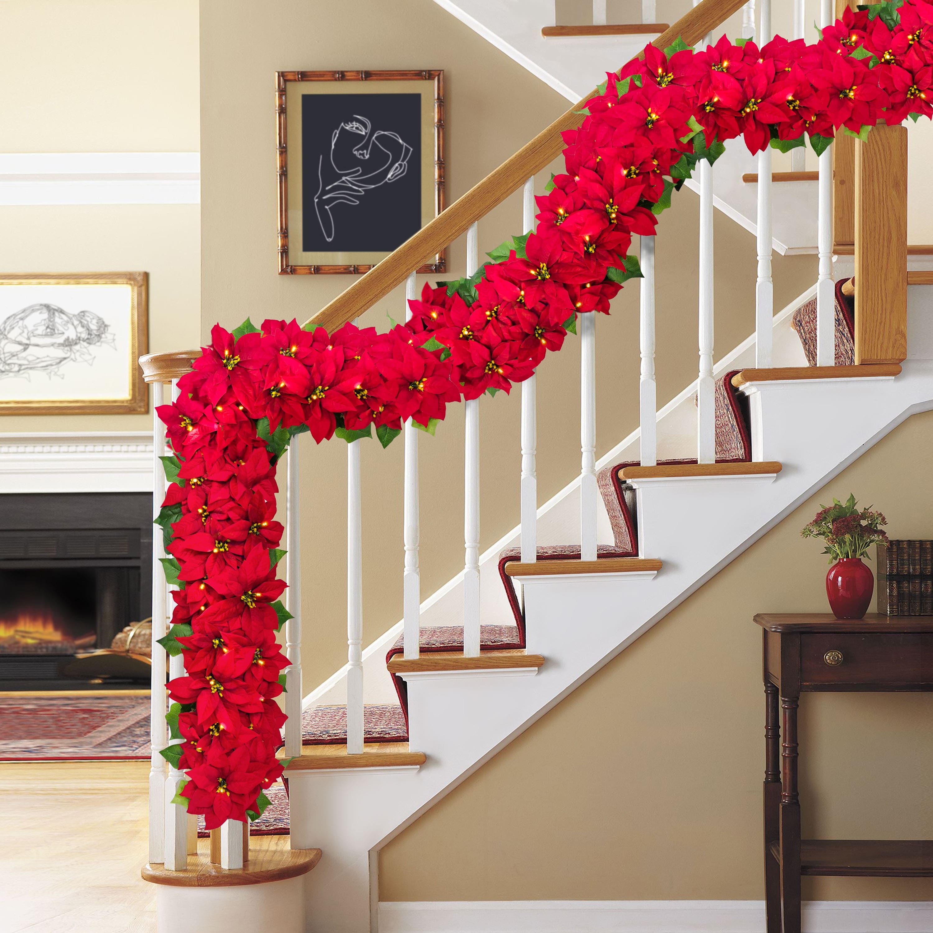 6ft. Pre-Lit Red Poinsettia Artificial Garland