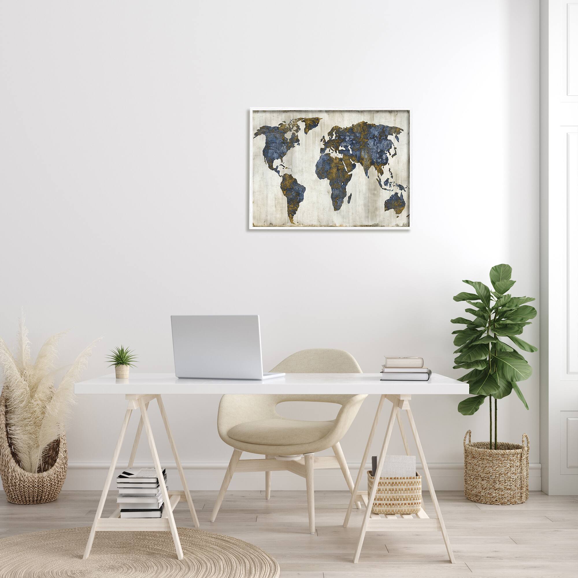Stupell Industries Gold & Blue World Map Design Wall Art in White Frame