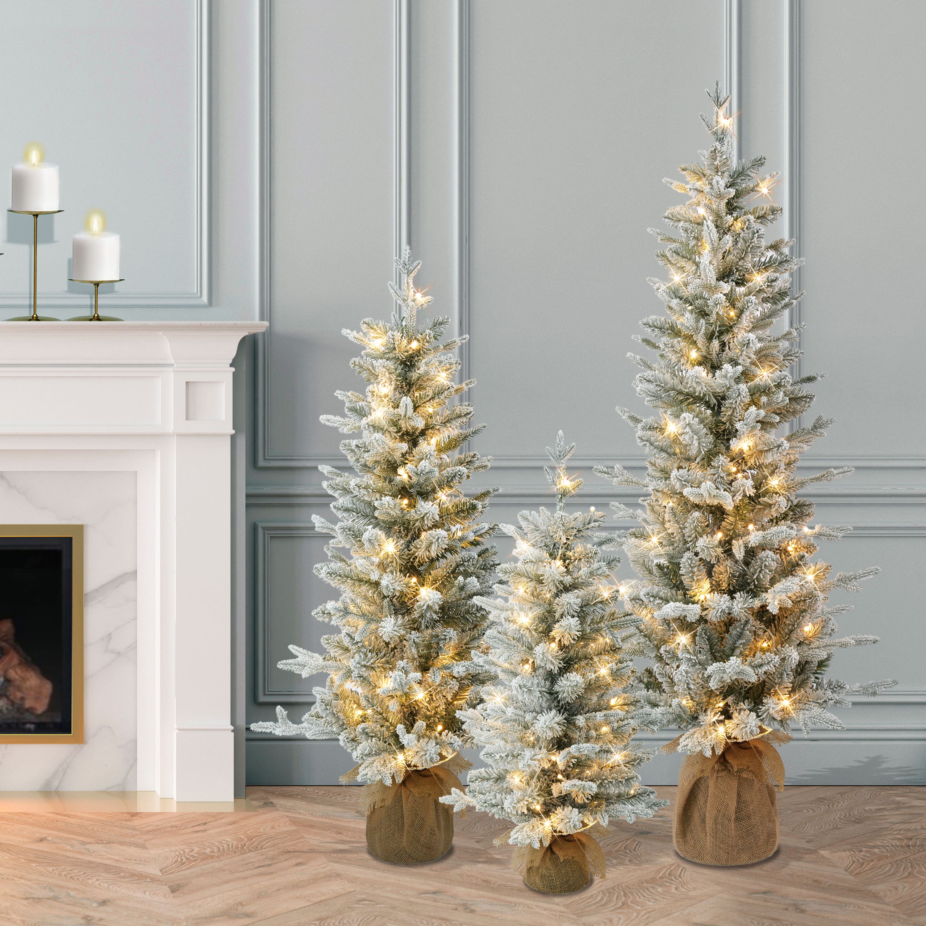 Pre-Lit Flocked Spruce Artificial Christmas Trees with Burlap Base Set, Warm White LED Lights