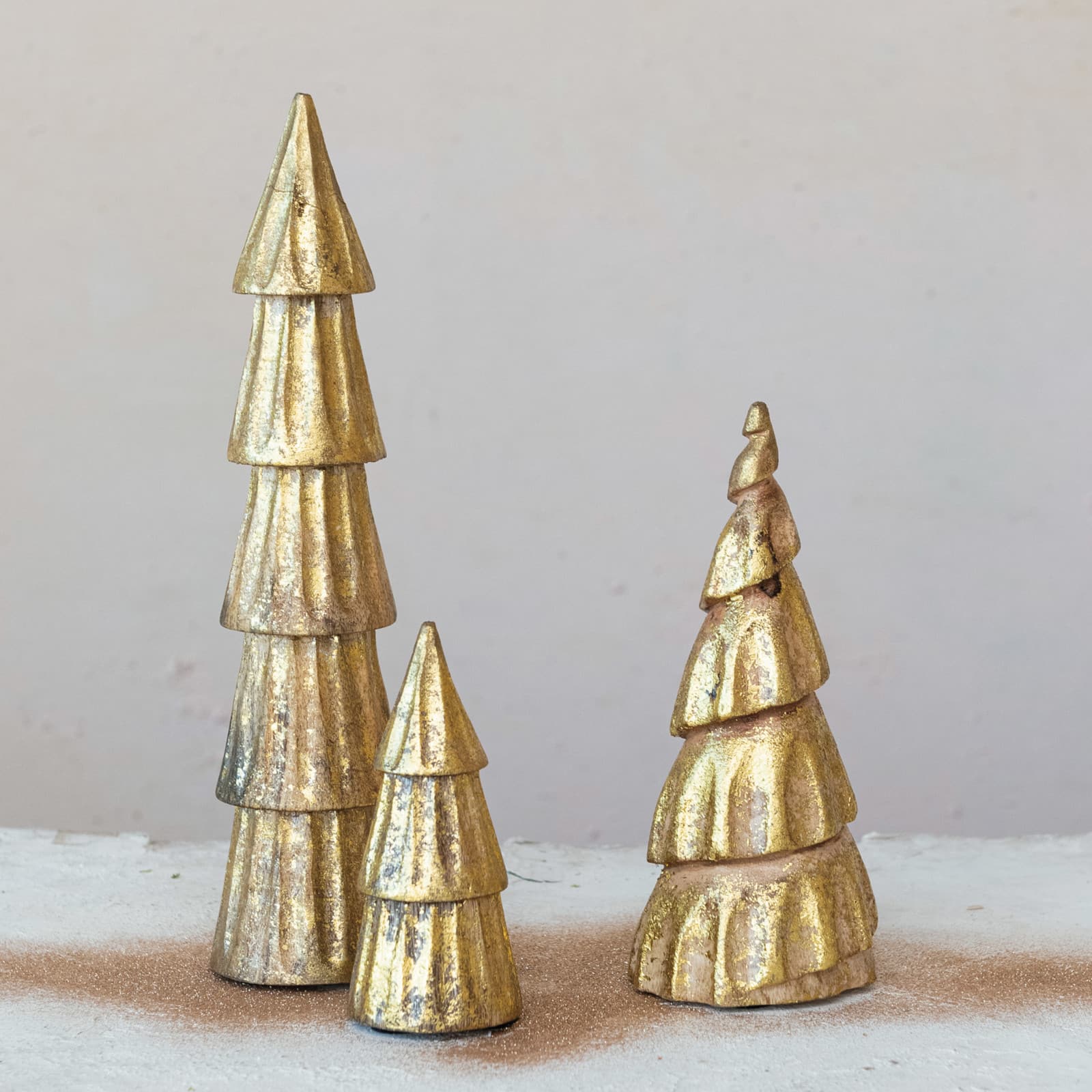 Hello Honey® 8.25" Carved Mango Wood Tree with Rubbed Gold Foil Finish