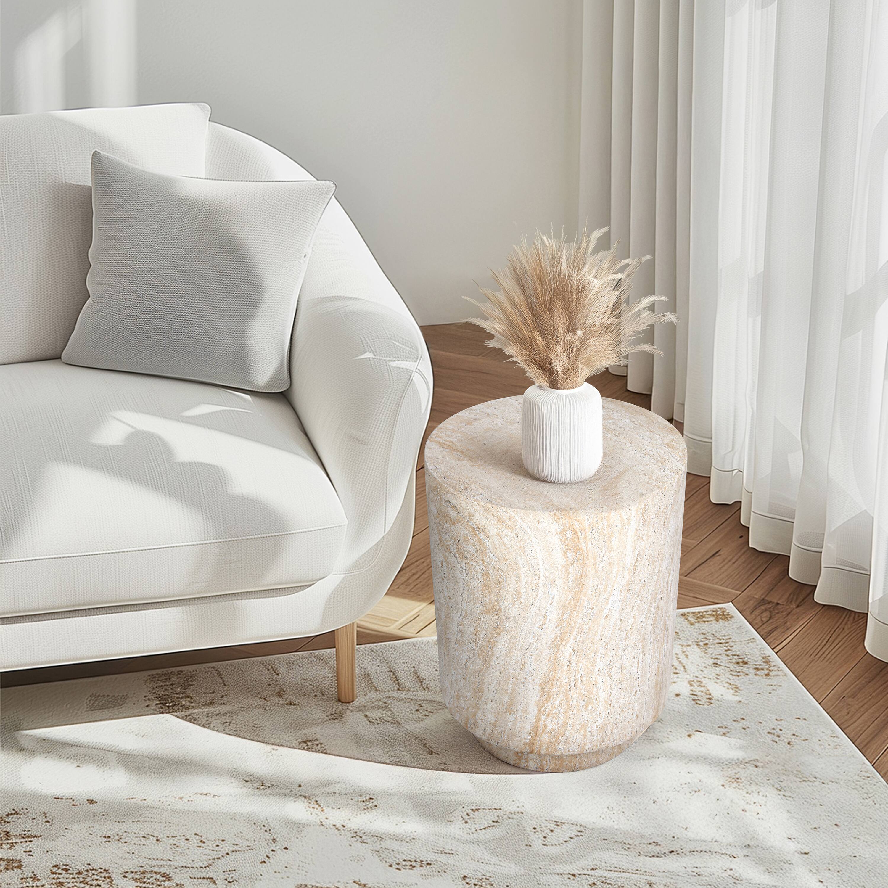 Empire Art Direct 18" Travertine Cylinder Stone Finish MGO Side Accent Table
