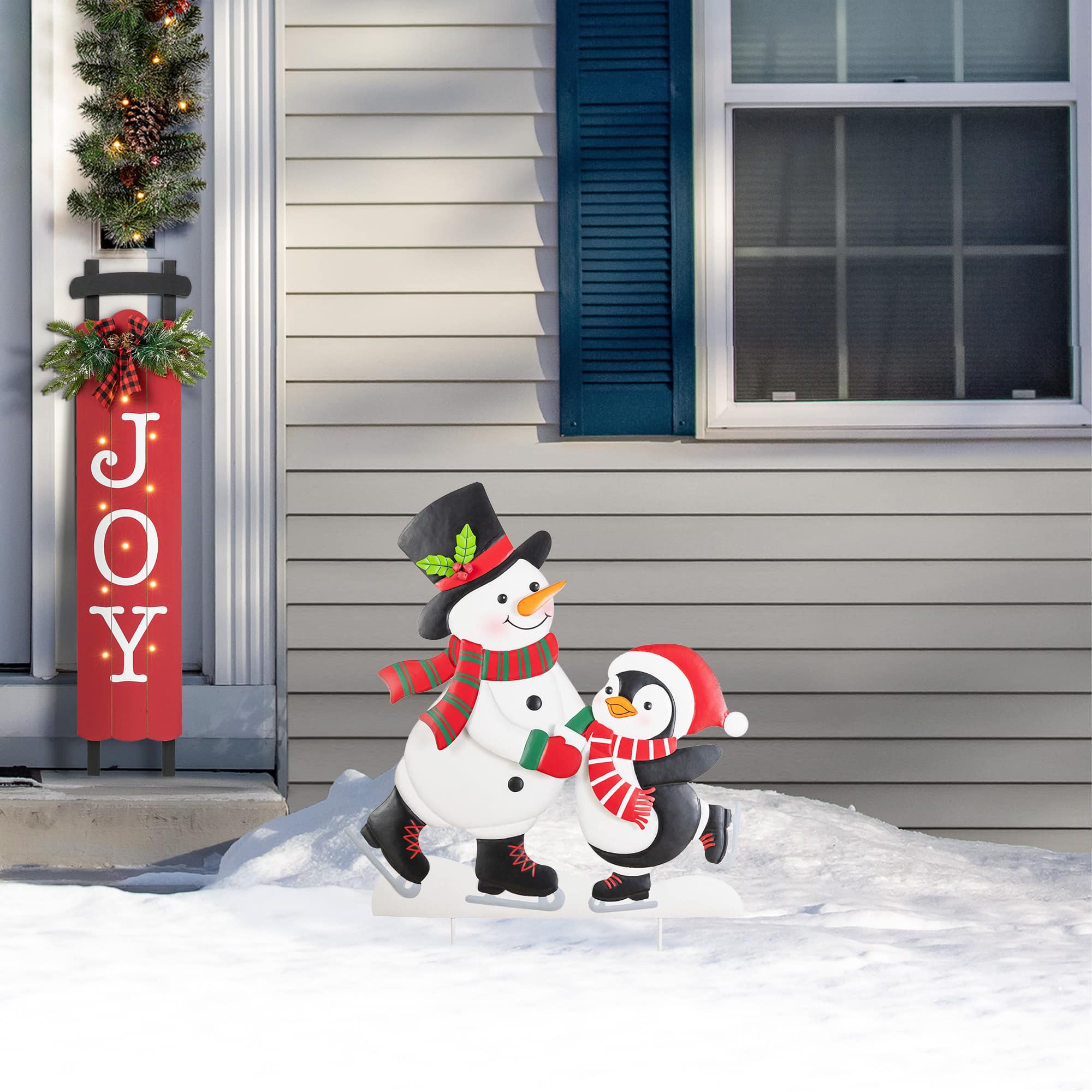 Glitzhome® 32" Christmas Metal Skiing Snowman and Penguin Yard Stake