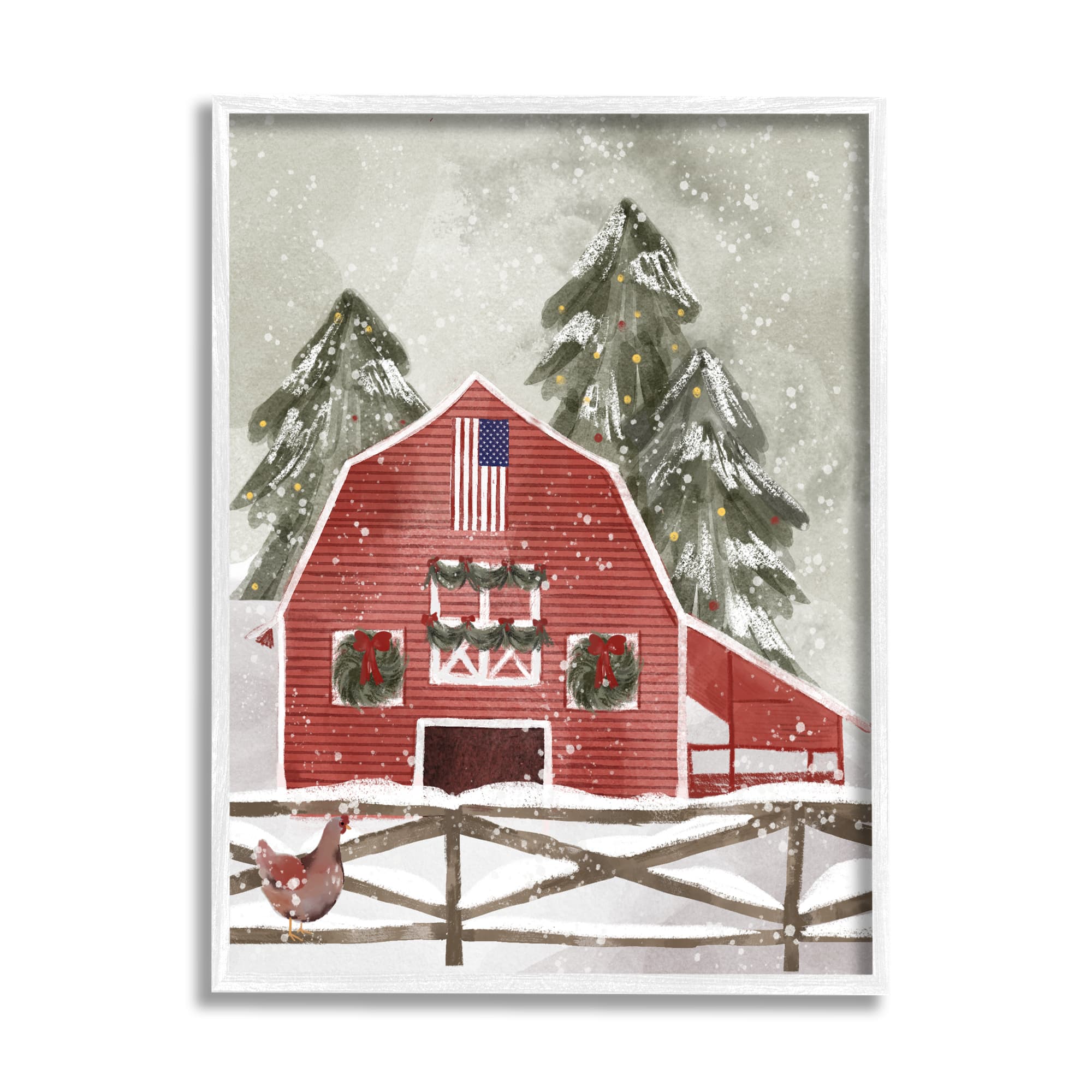 Stupell Industries Snowy Country Barn American Flag Framed Giclee Art
