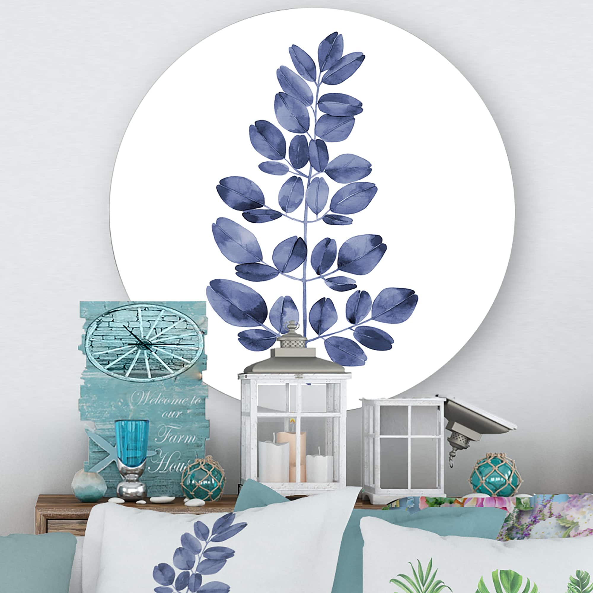 Designart - Navy Blue Eucalyptus II - Traditional Metal Circle Wall Art