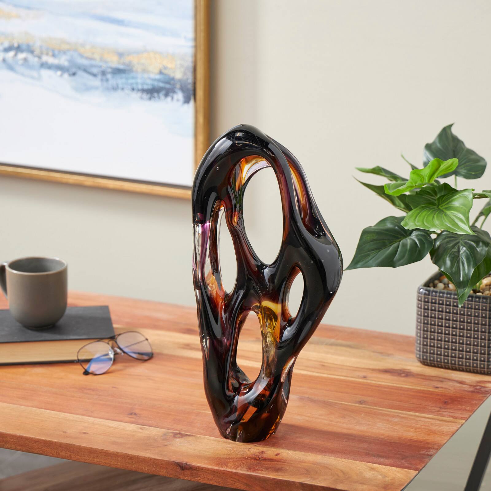 17" Black & Orange Glass Abstract Ombre Cutout Sculpture with Amber Accents