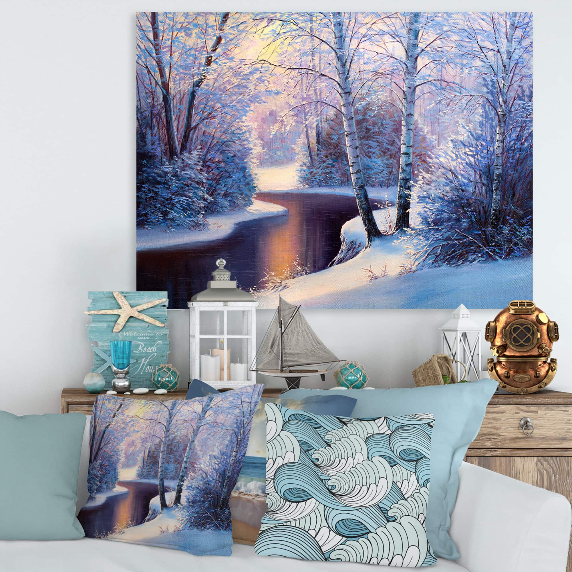 Designart Christmas Forest with River & Trees I Canvas Wall Art
