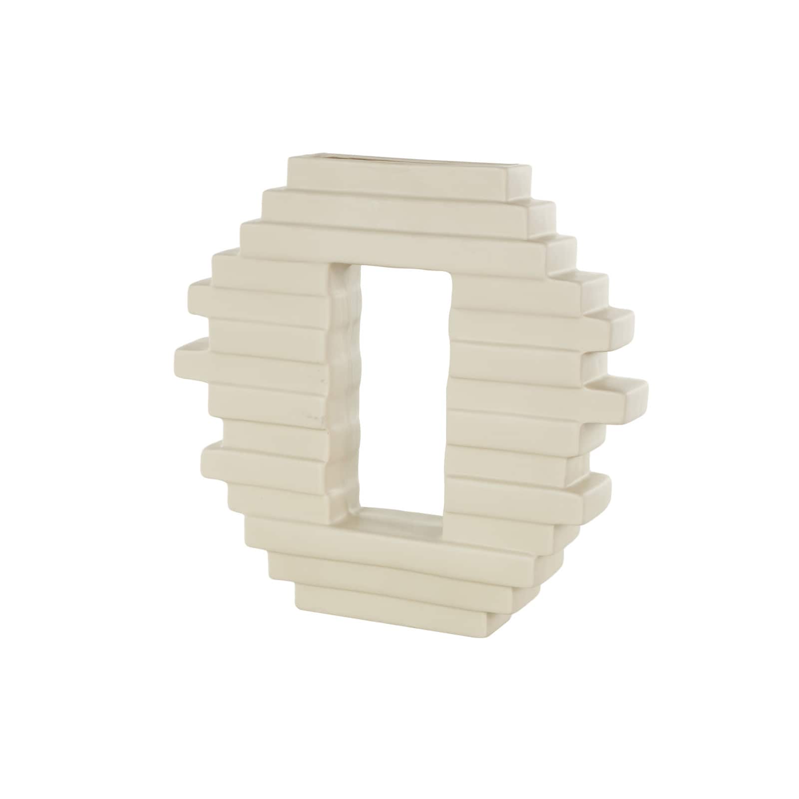 13" Cream Ceramic Abstract Decorative Vase with Rectangular Center Cutout