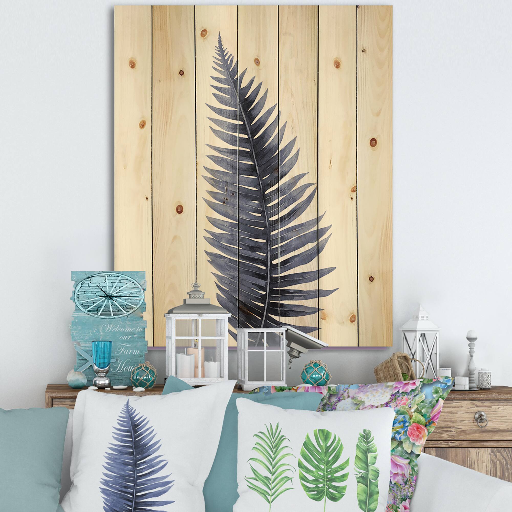 Designart - Tropical Blue Watercolour Leaves II - Bohemian & Eclectic Print on Natural Pine Wood
