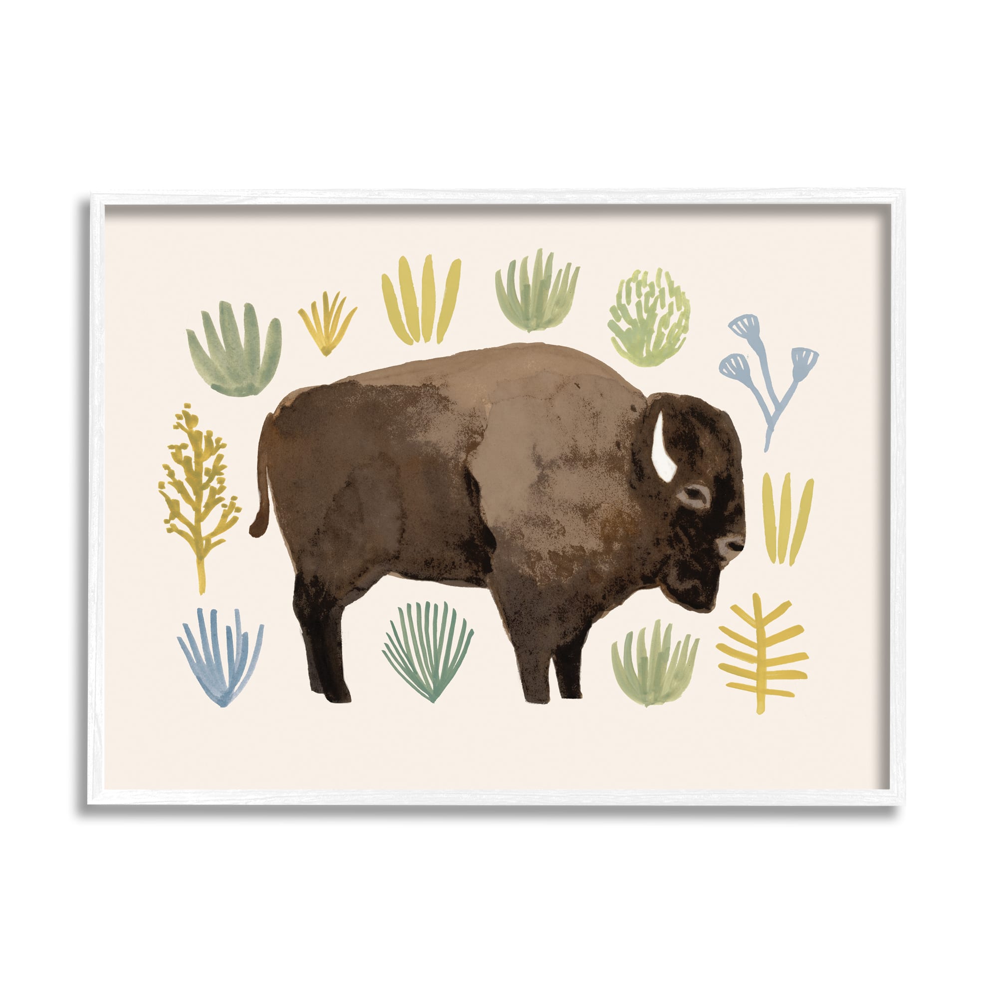 Stupell Industries Terracotta Green Yellow Plants Brown Horned Buffalo in White Frame Wall Art