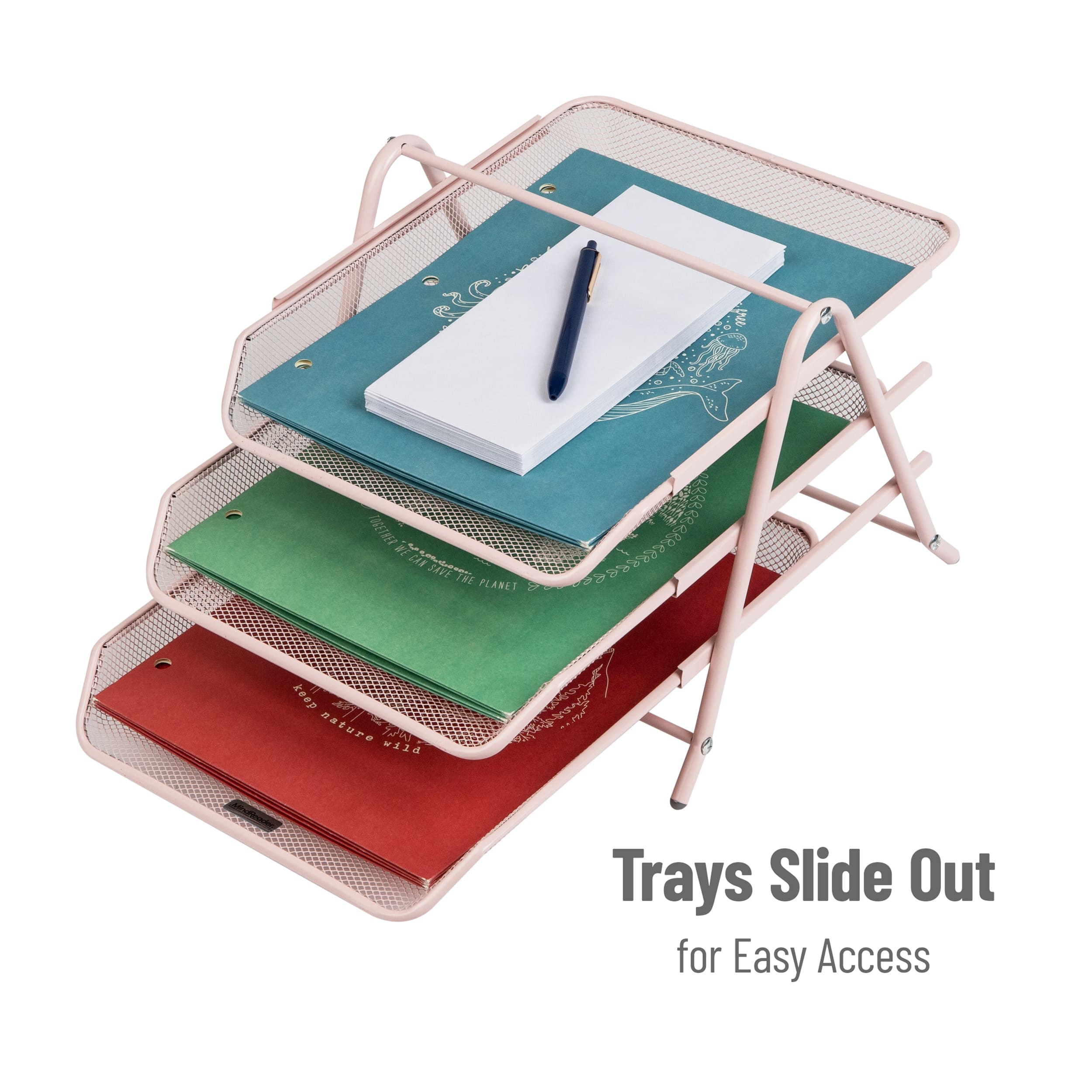 Mind Reader 3-Tier Paper Tray, Desktop Organizer, File Storage, Workspace, Office, Metal Mesh, 11.75"L x 13.75"W x 10"H, Pink