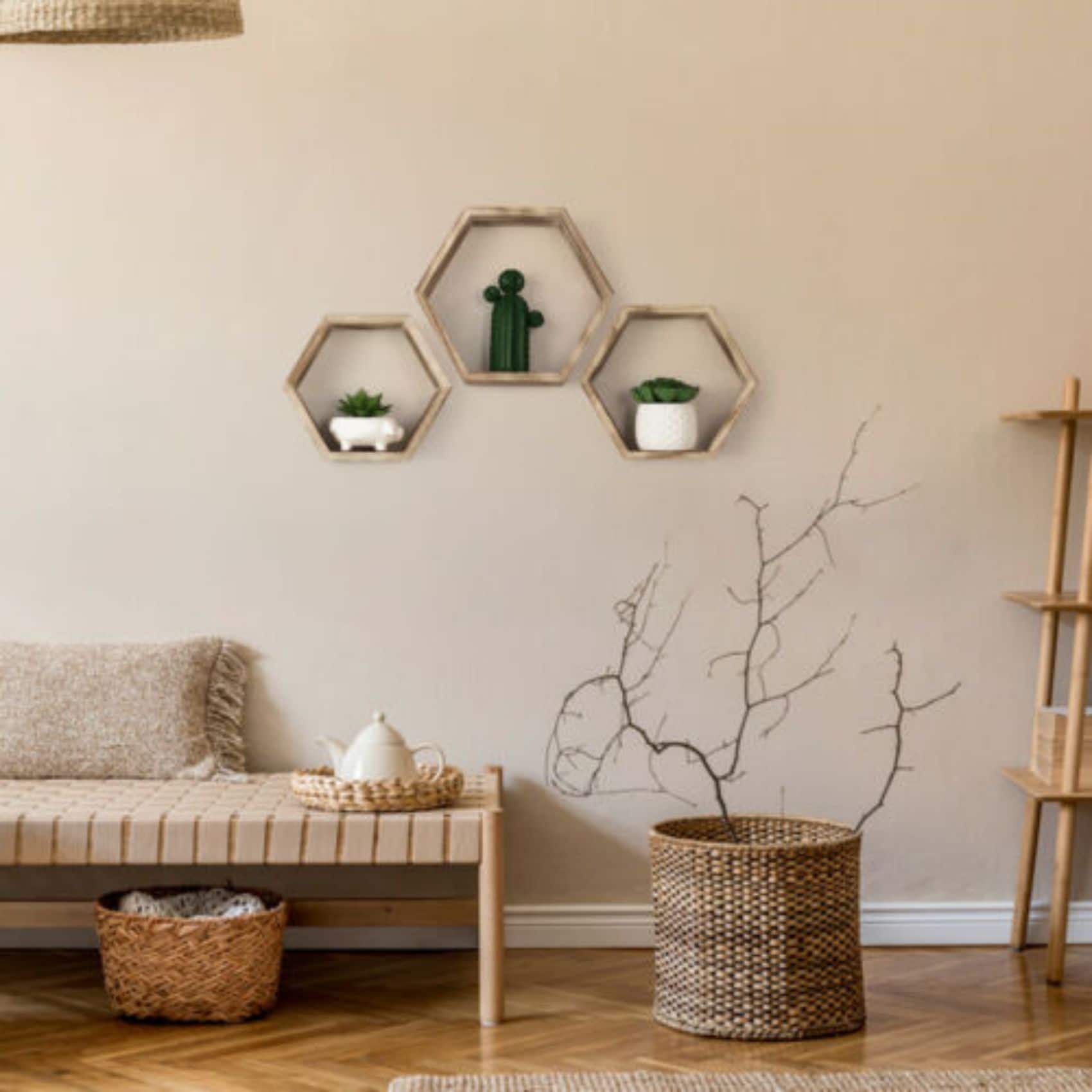 Rustic Brown Floating Hexagonal Shelf Set