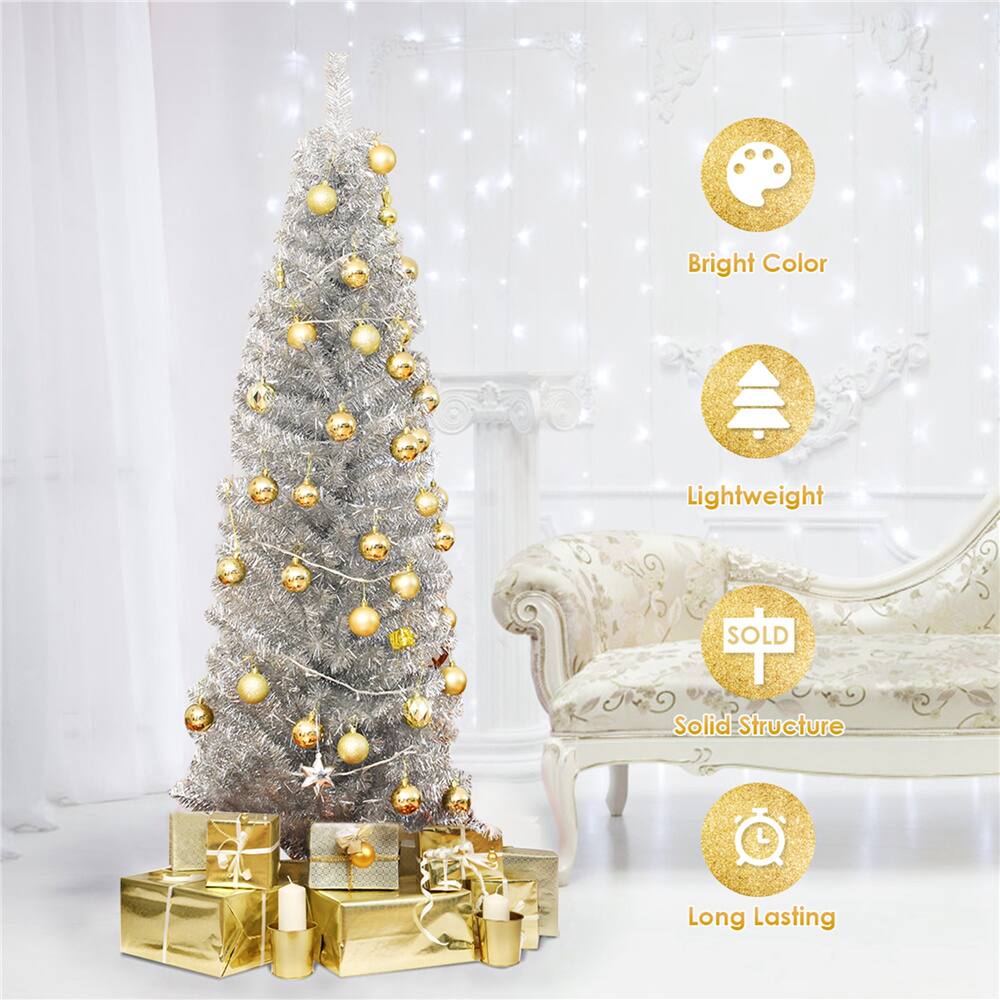 Costway 6ft. Unlit Silver Slim Pencil Tinsel Artificial Christmas Tree