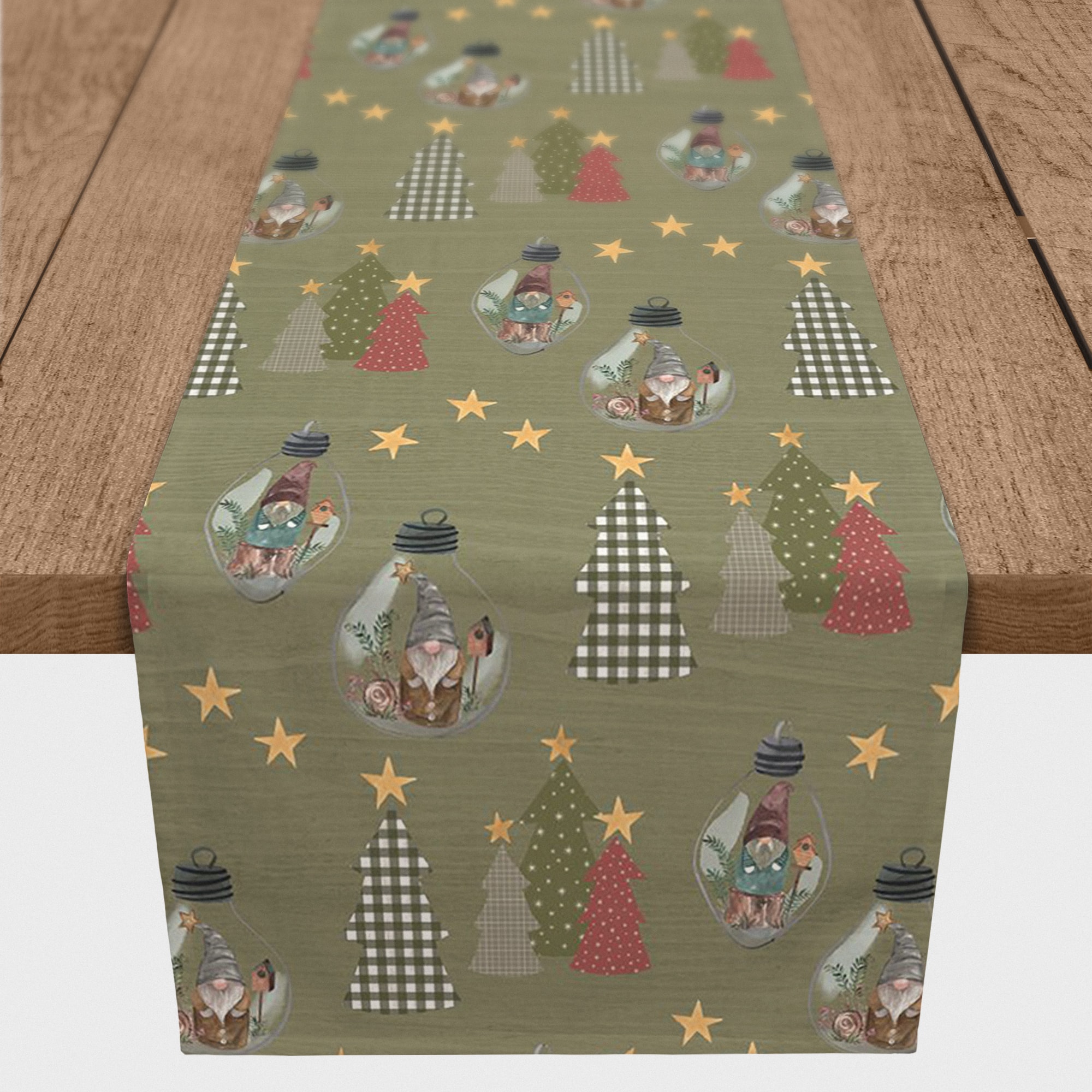 90" Green Tree & Globe Pattern Cotton Twill Runner