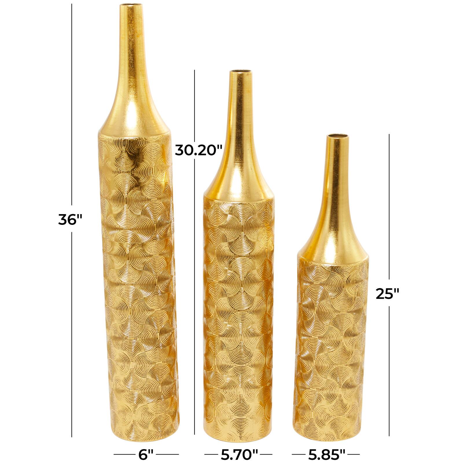 Gold Metal Tall Distressed Metallic Vase with Etched Swirl Patterns Set of 3 36", 30", 25"