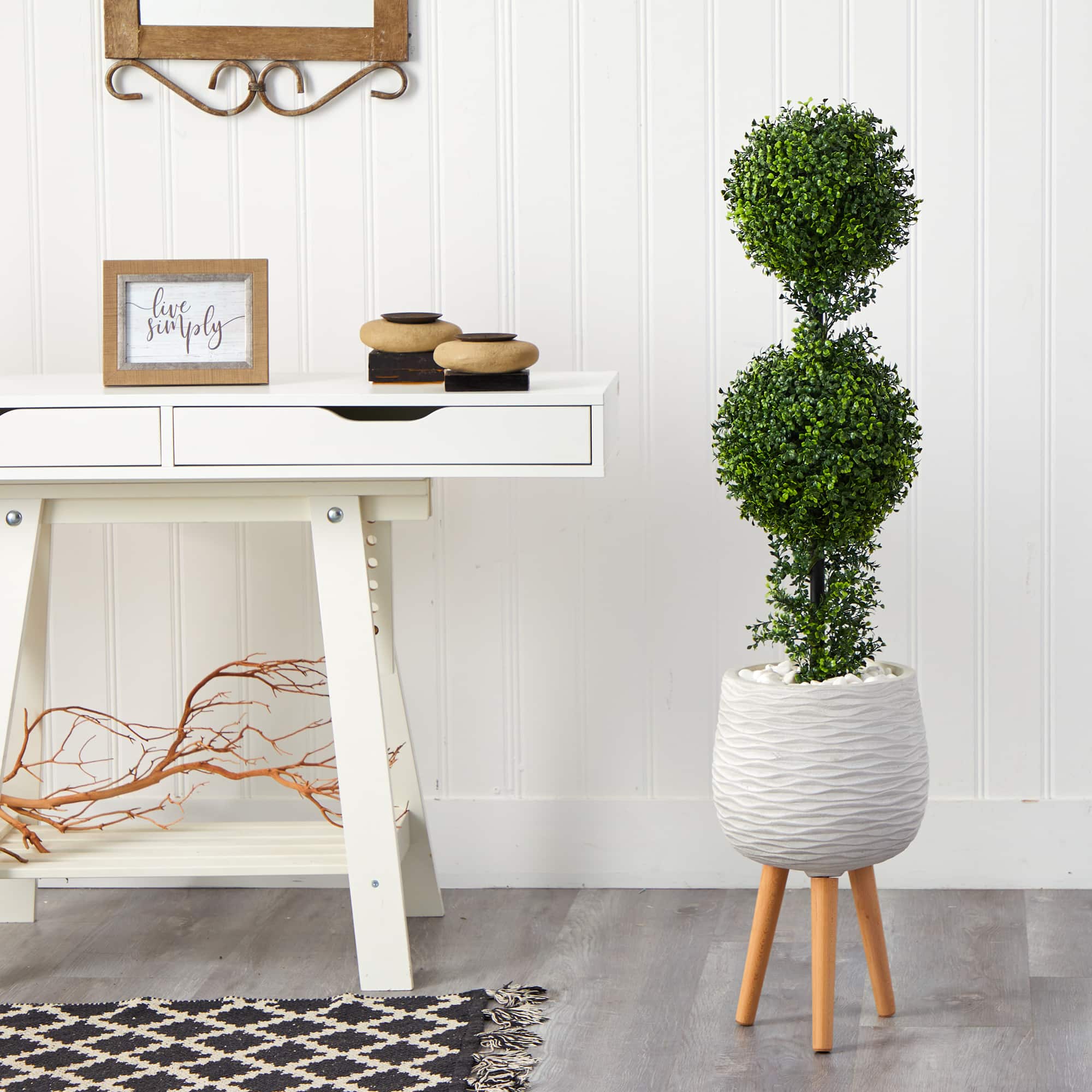 4ft. Boxwood Double Ball Topiary Artificial Tree in White Planter with Stand (Indoor/Outdoor)