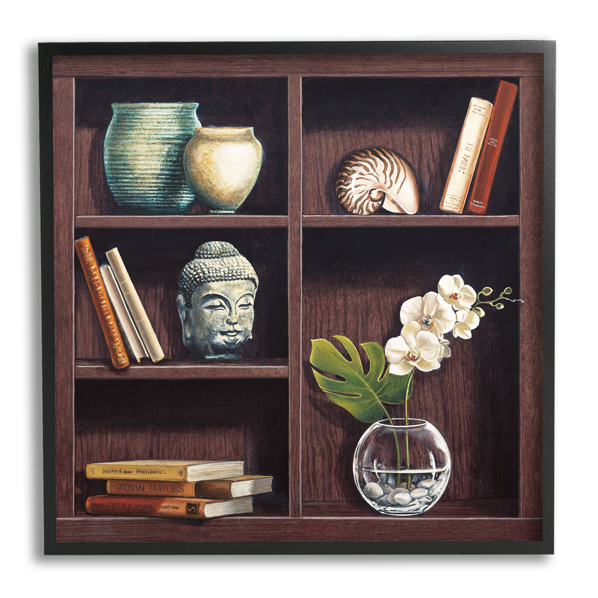 Stupell Industries Eastern Culture Inspired Bookshelf with Floral Vase Still-Life in Frame Wall Art