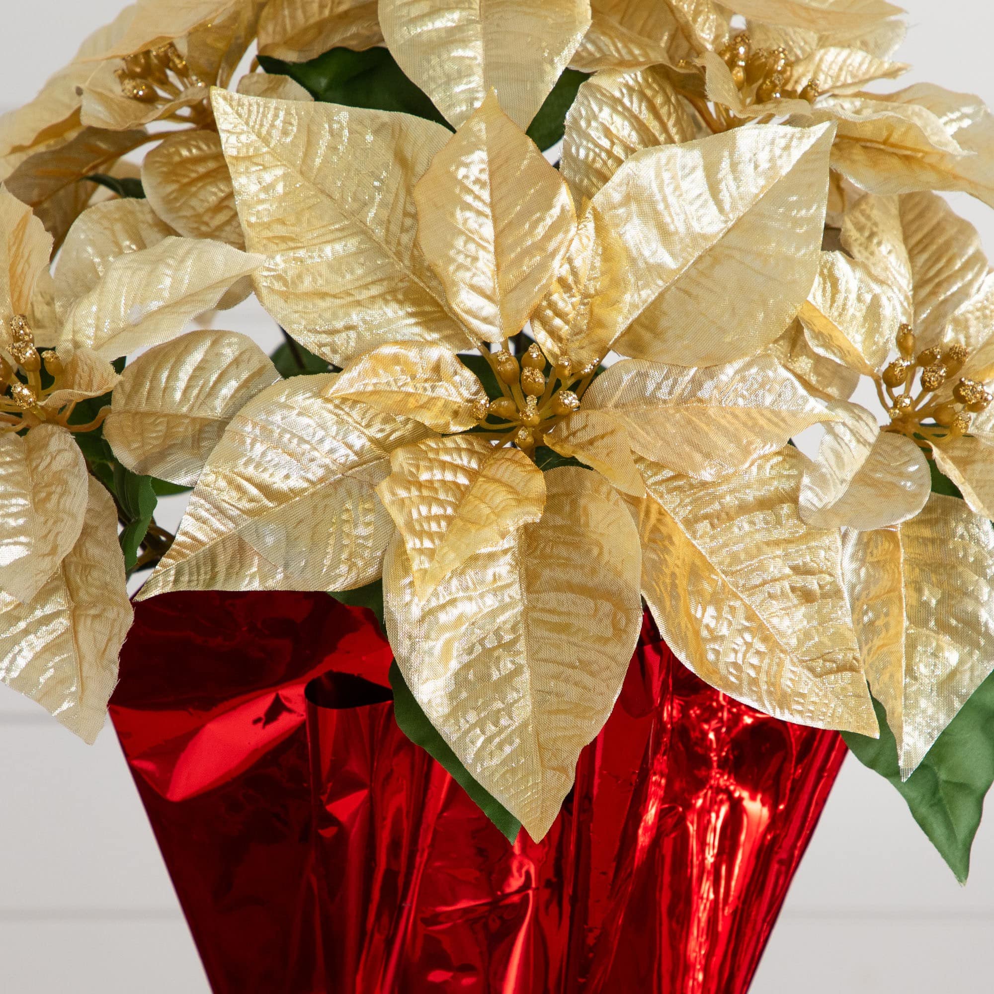 Nearly Natural 18" Gold Lush Velvet Artificial Poinsettia Arrangement in Red Wrapped Planter