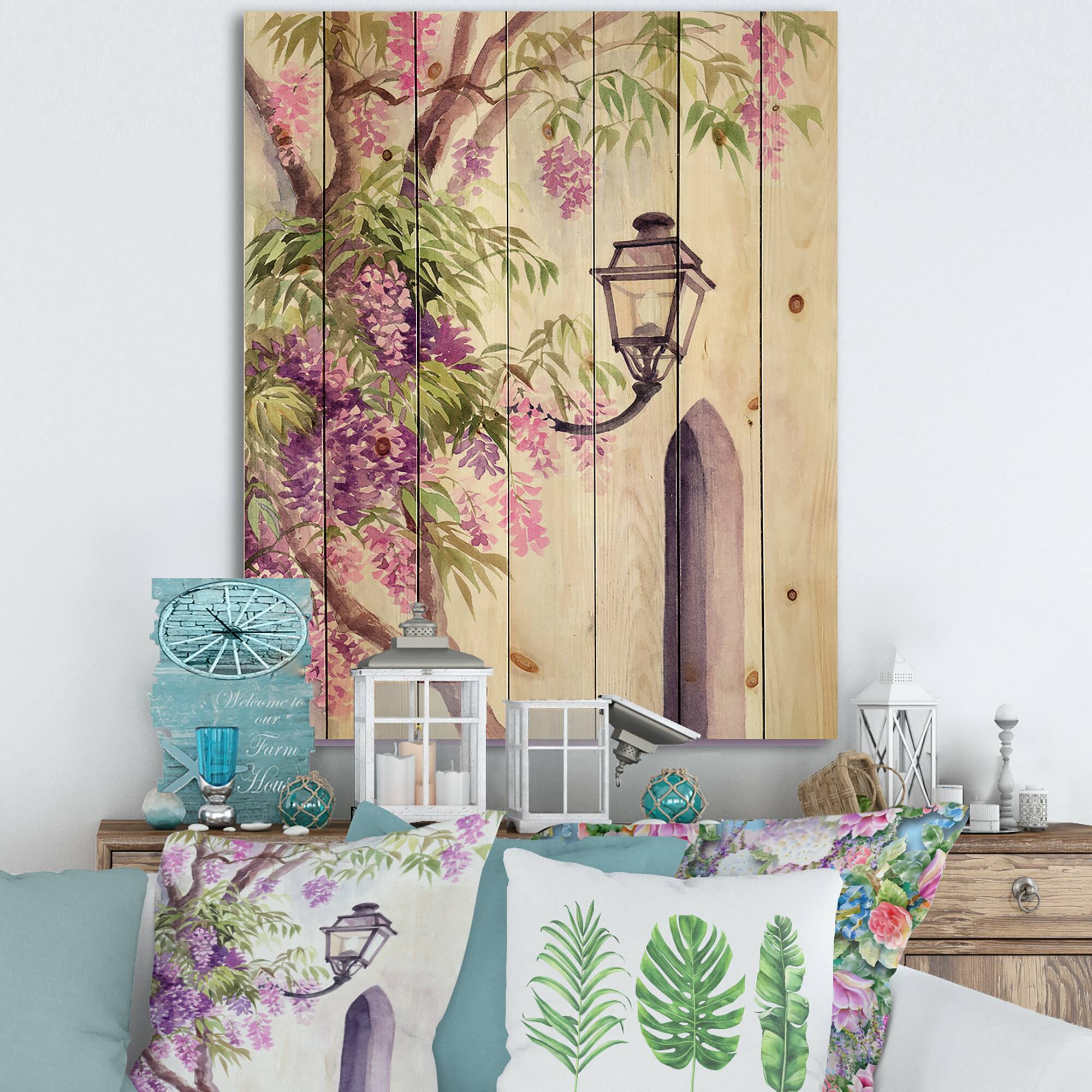 Designart - Wisteria and Lantern - Traditional Print on Natural Pine Wood