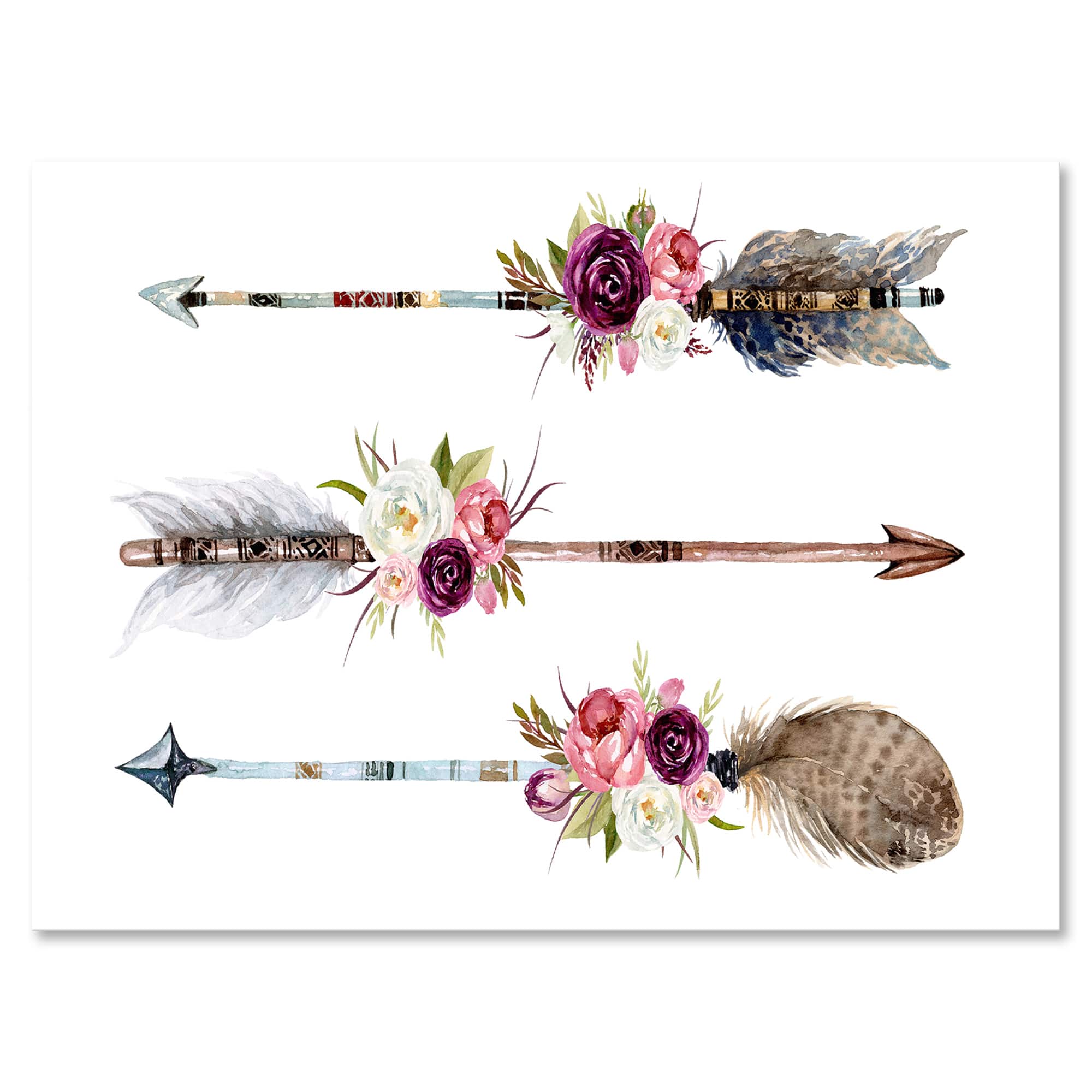 Designart - Ethnic Feathers and Flowers On Native Arrows III - Bohemian & Eclectic Canvas Wall Art Print