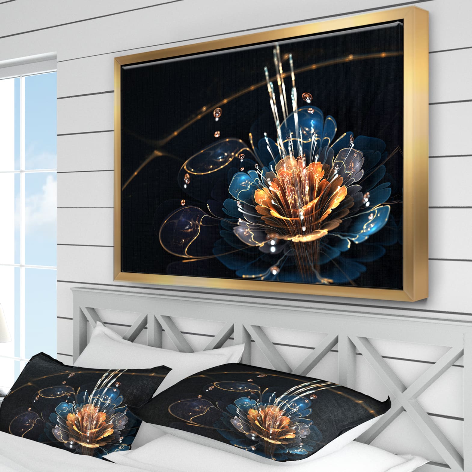 Designart - Orange Blue Flower with Water Drops - Floral Art Framed Canvas Print