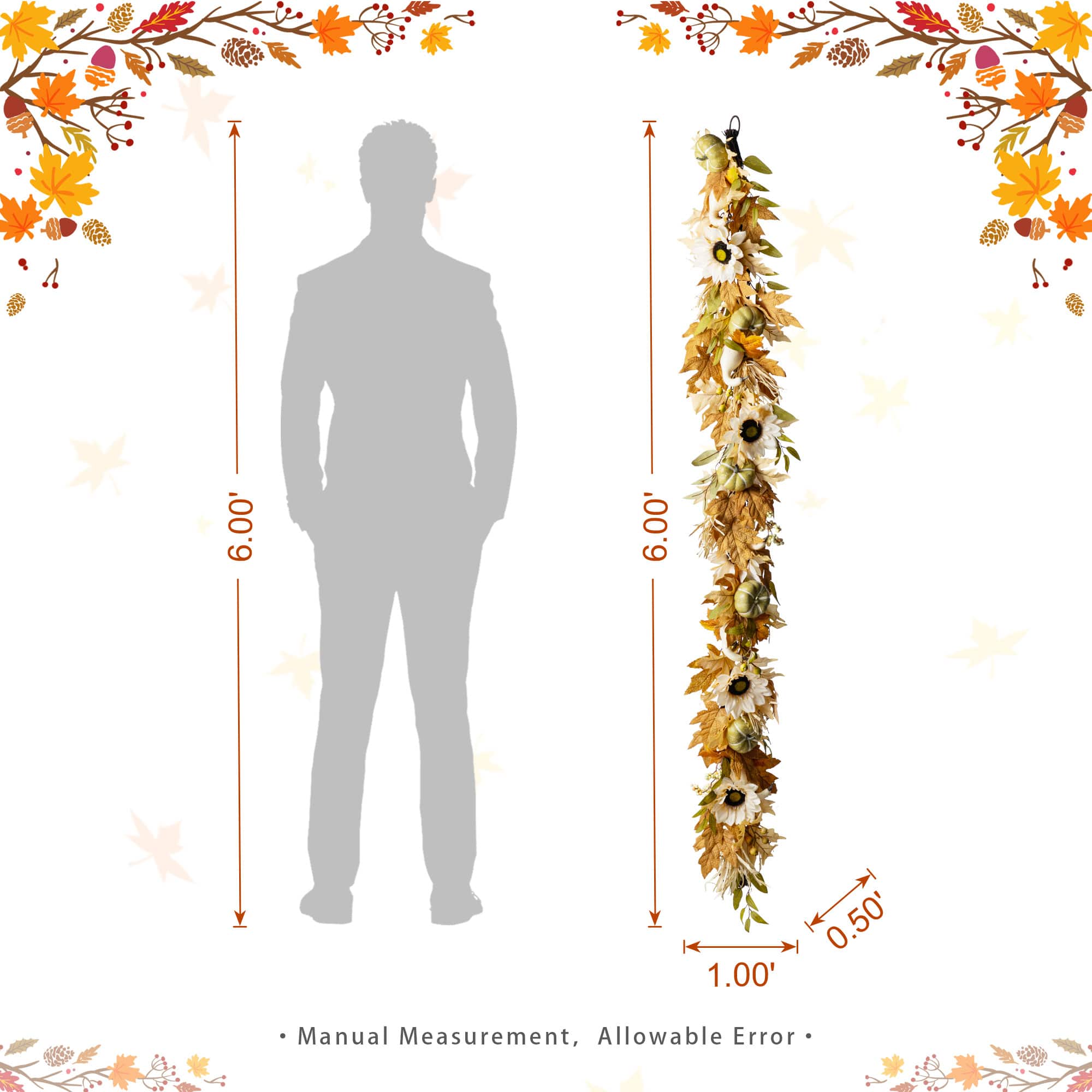 Glitzhome® 72" Fall Neutral Sunflower, Pumpkin and Leaf Garland