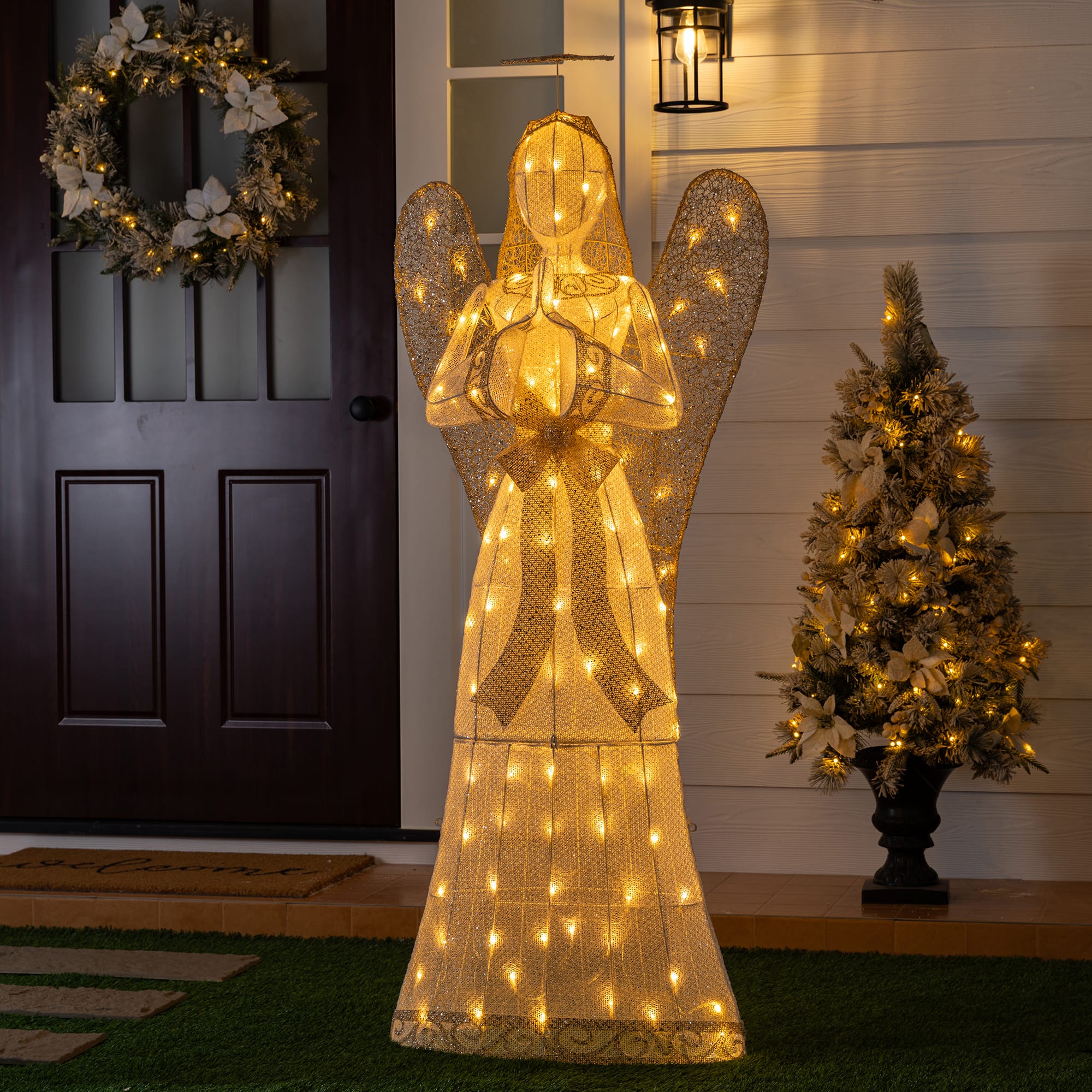 Glitzhome® 63" Christmas 3D Glittered Fabric Angel with 120 Warm White LED Lights