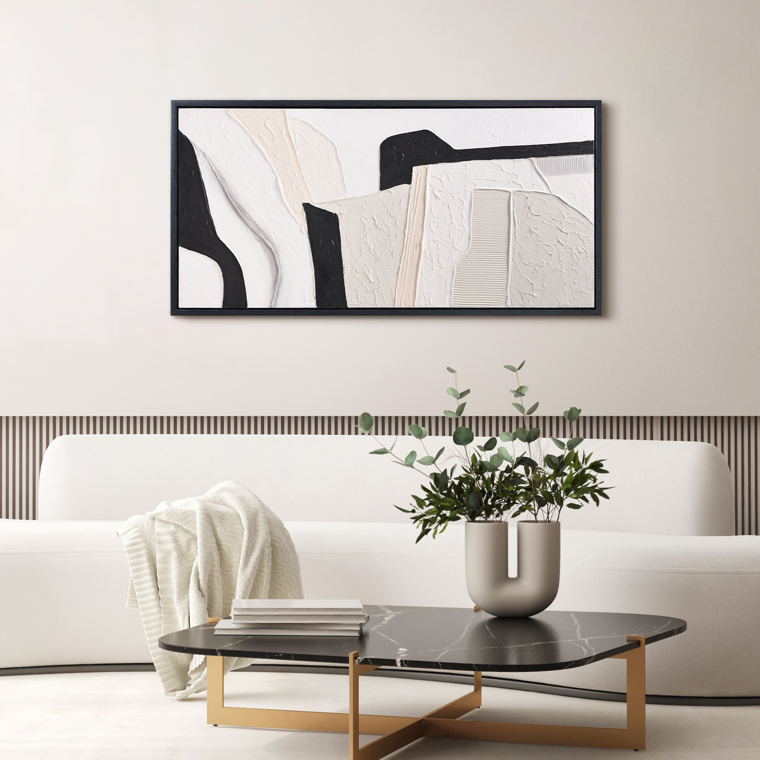 Empire Art Direct 48" x 24" Monochrome Abstract Heavily Textured Hand Painted Framed Canvas Wall Art