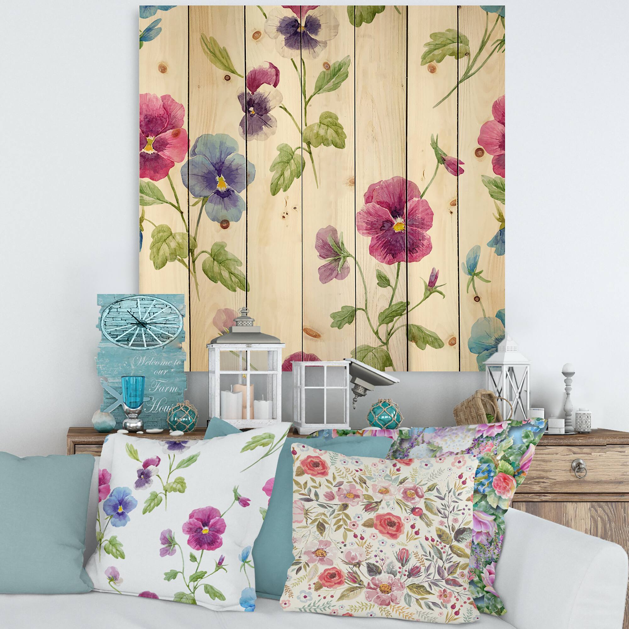 Designart - Pink and Blue Pansy Flowers II - Traditional Print on Natural Pine Wood