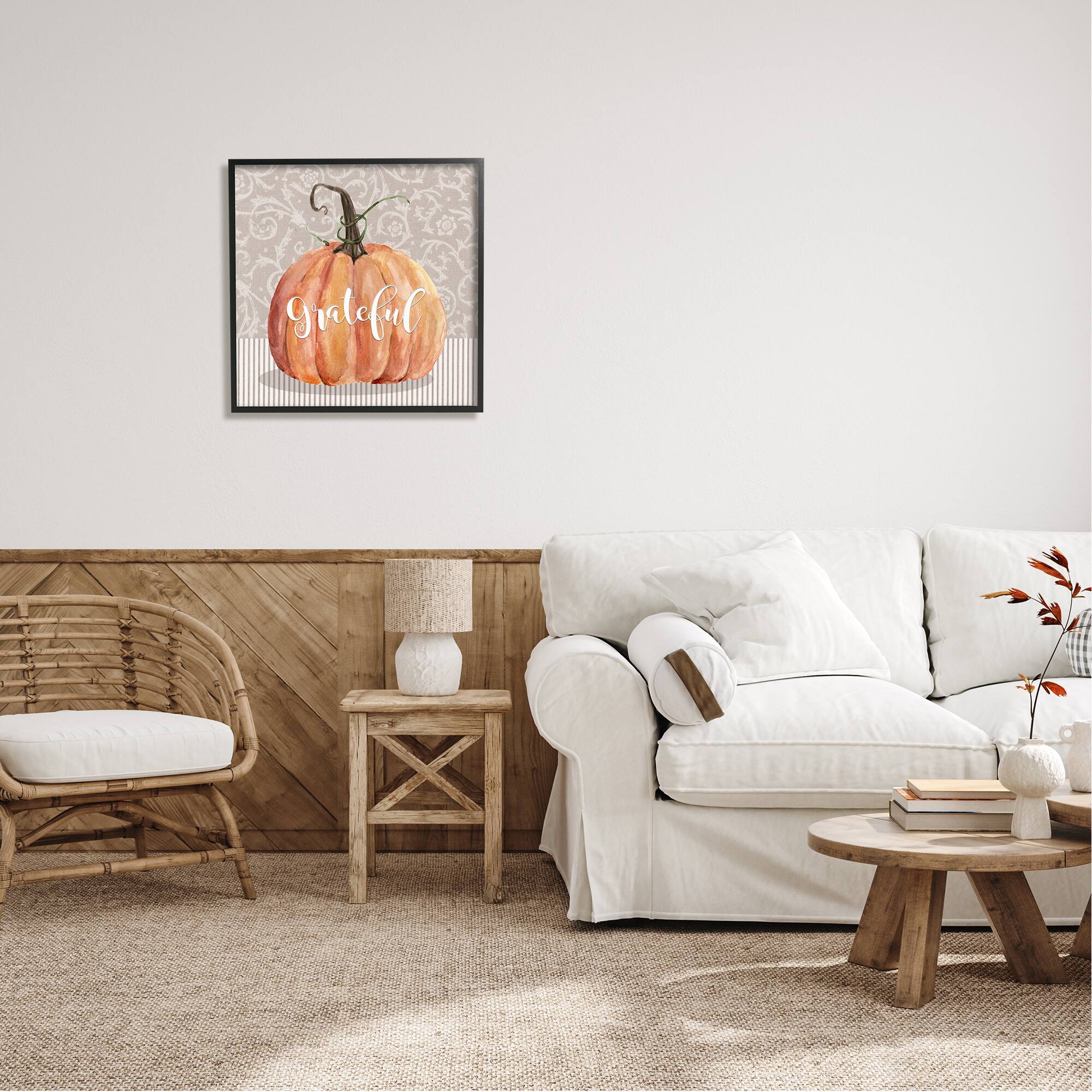 Stupell Industries Grateful Autumnal Pattern Pumpkin Framed Giclee Art