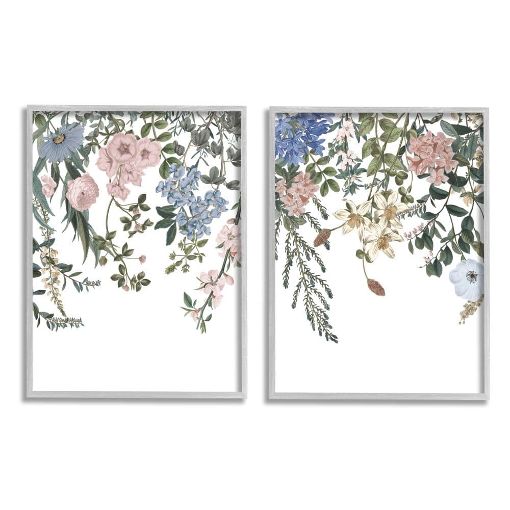Stupell Industries Vintage Flower Vines Multi-Color Hanging Spring Floral in Gray Frame Wall Art
