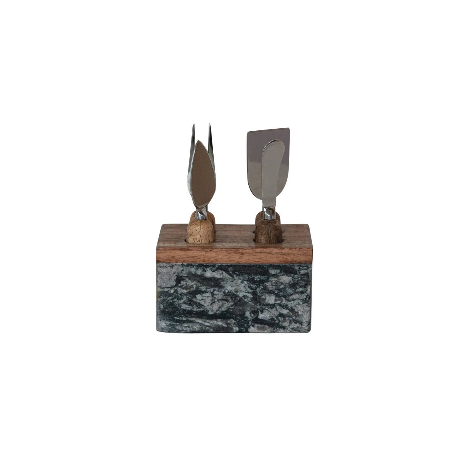 Hello Honey Black Marble Cheese Server Set with Mango Wood Stand