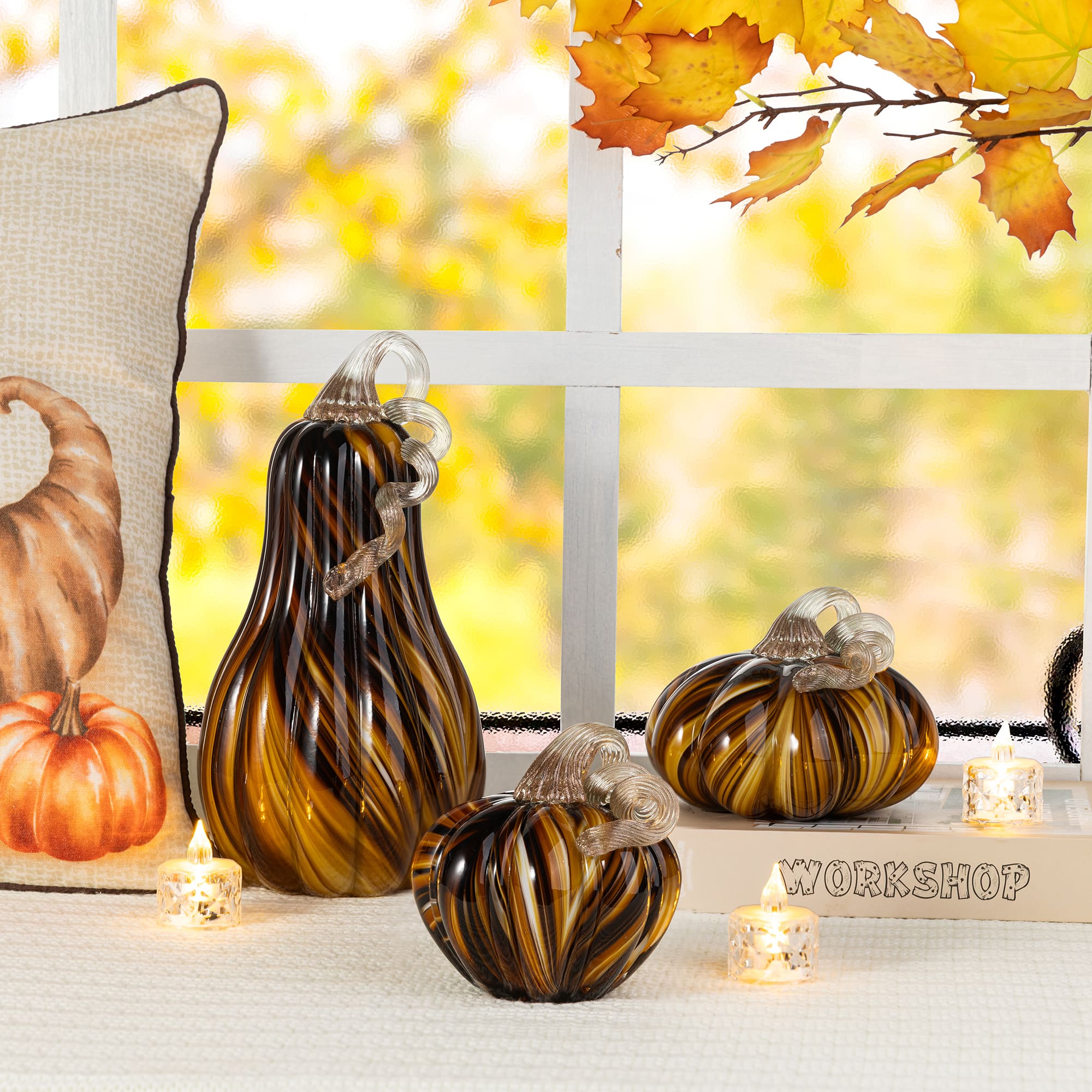 Glitzhome® 5.75" Multi Brown Striped Glass Pumpkin Fall Table Decor