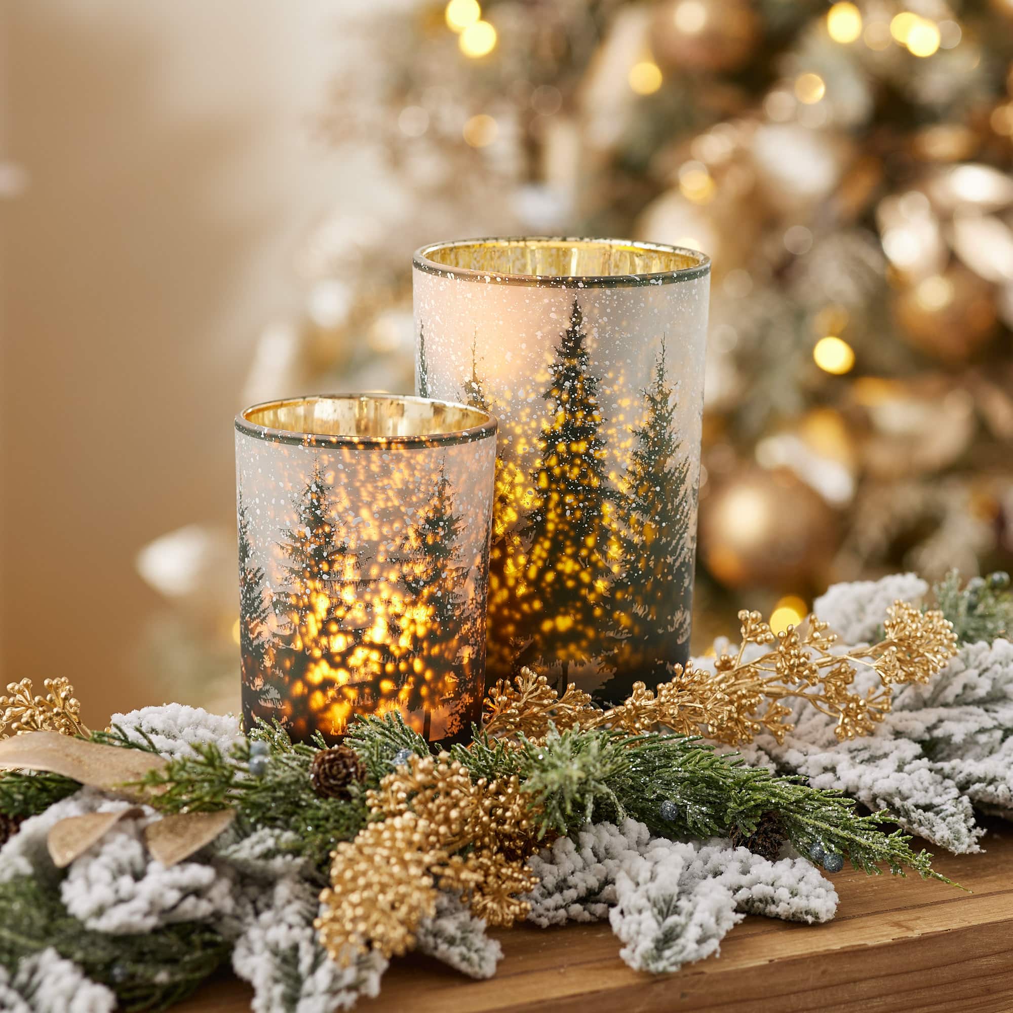 Frosted Pine Mercury Glass Votive & Pillar Candle Holder Set