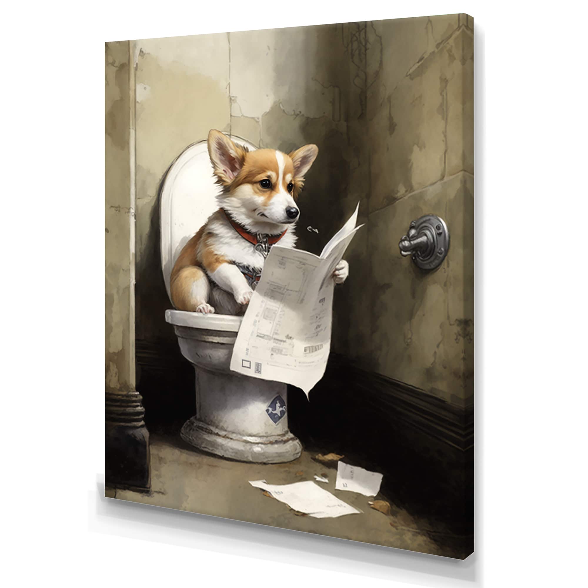 Designart 'Silly Corgi Reading News On Toilet' Animals Canvas Wall Art
