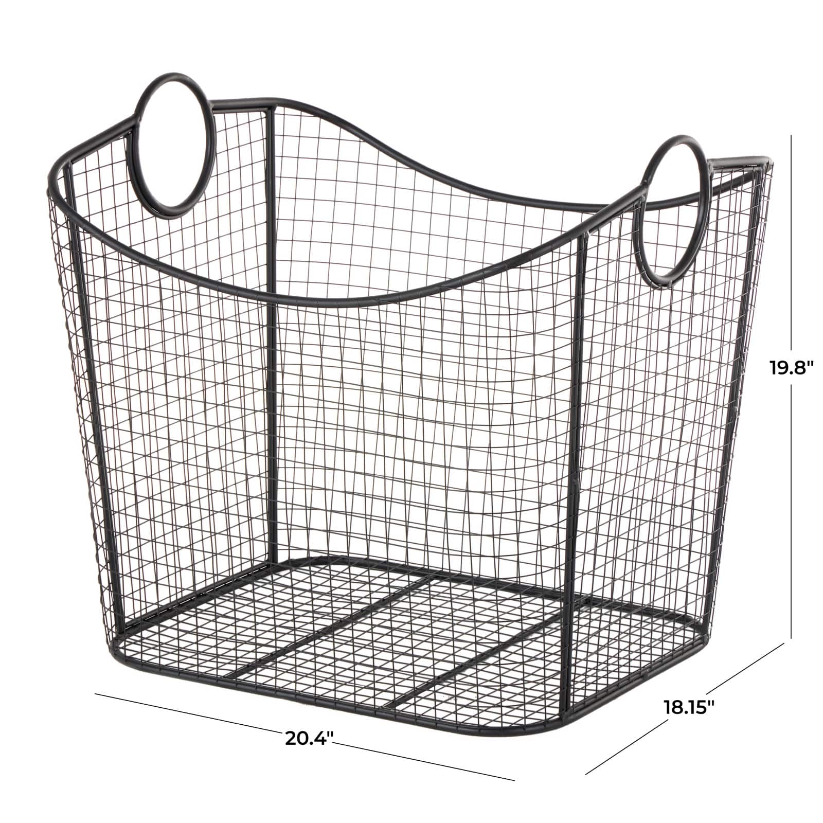 20" Black Metal Storage Basket with Curved Sides & Ring Handles