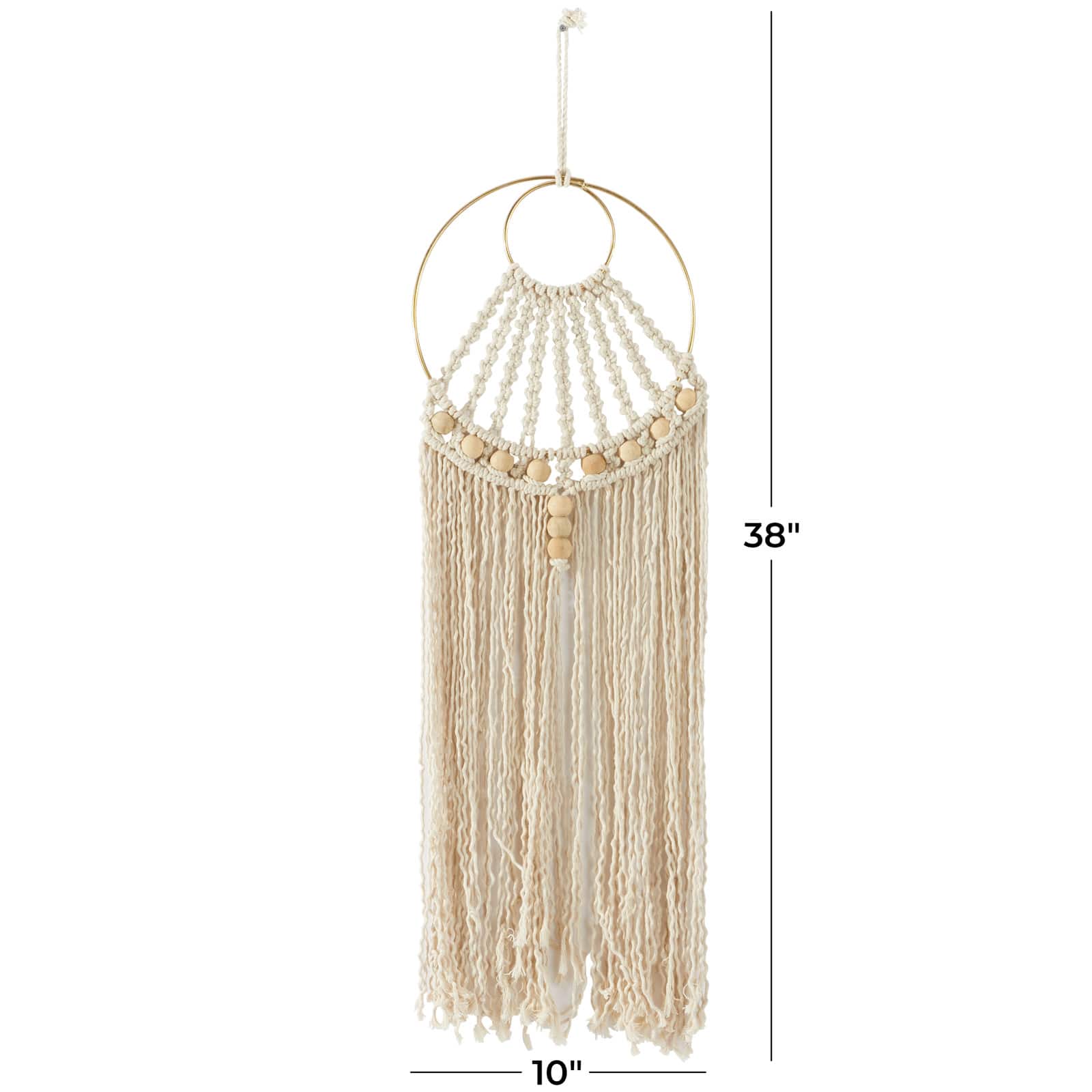 Beige Cotton Handmade Intricately Weaved Macrame Wall Decor with Beaded Fringe Tassels 10" x 1" x 38"