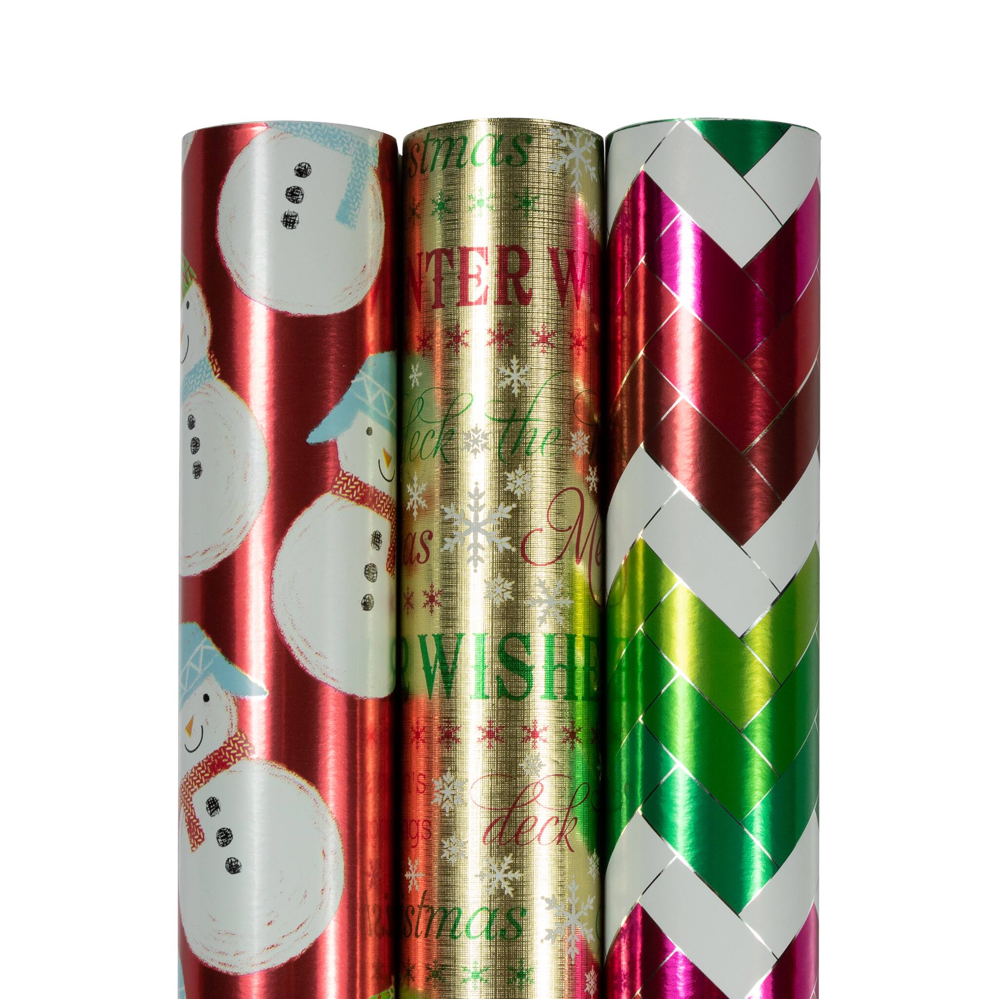 JAM Paper Red Foil Merry Christmas, Green Greetings & Green Red Stripe Gift Wrap Set
