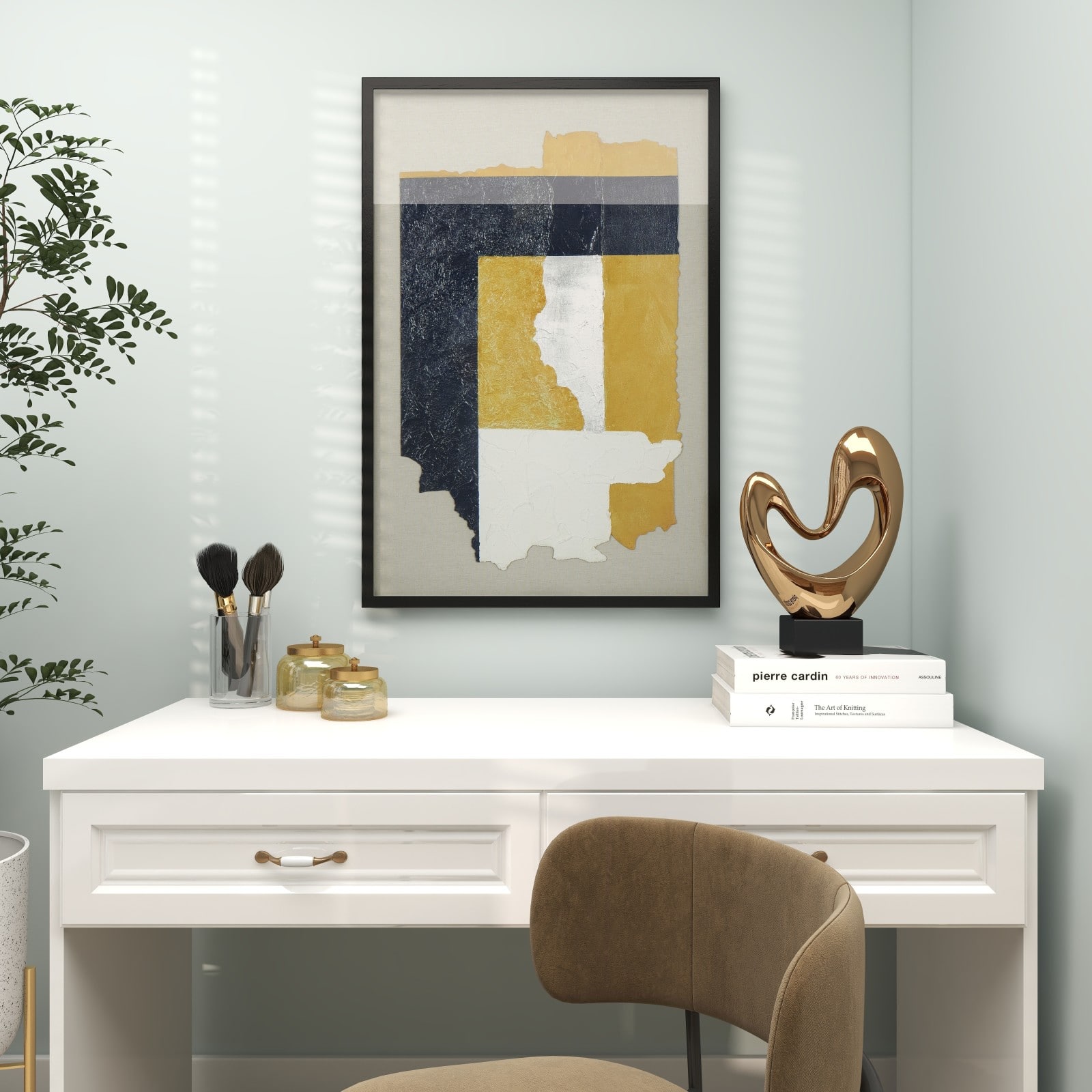 Neutral & Yellow Mixed Media Abstract Framed Canvas Wall Art